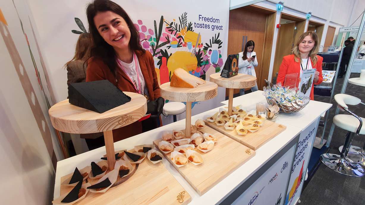 A Ukrainian delegation offered samples of Ukrainian cheese Wednesday in Newport, Wales. The event was originally set to take place in Ukraine, but was moved due to the invasion by Russian forces.