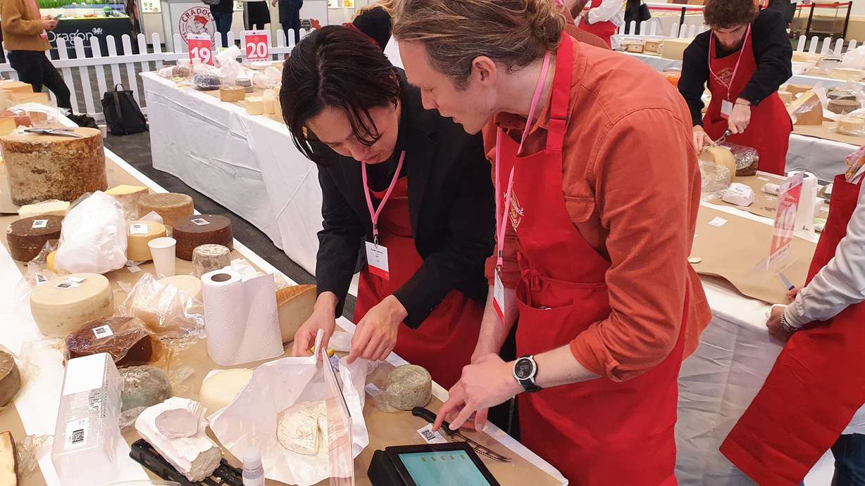 Judges Kazuaki Tomiyama and Tom Chatfield sample the cheeses on table 18 at the World Cheese Awards held in Newport, Wales, Wednesday.