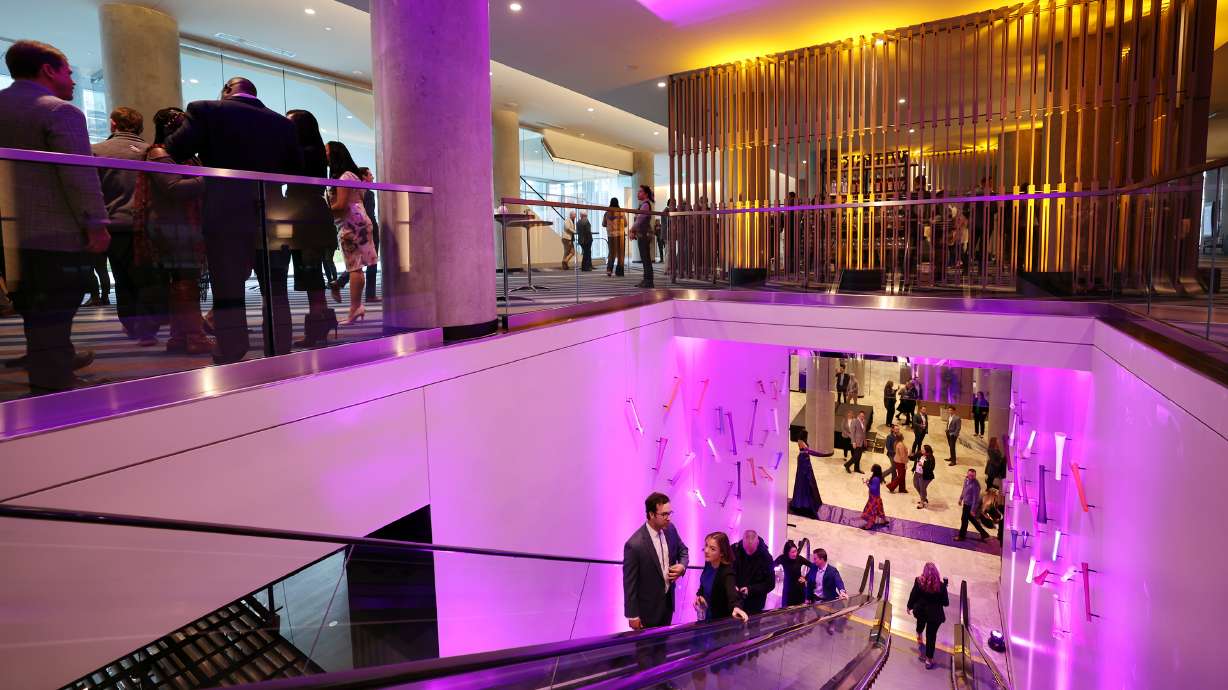 Guests attend a reception following the ribbon-cutting at the newly opened Hyatt Regency hotel in Salt Lake City on Wednesday afternoon.