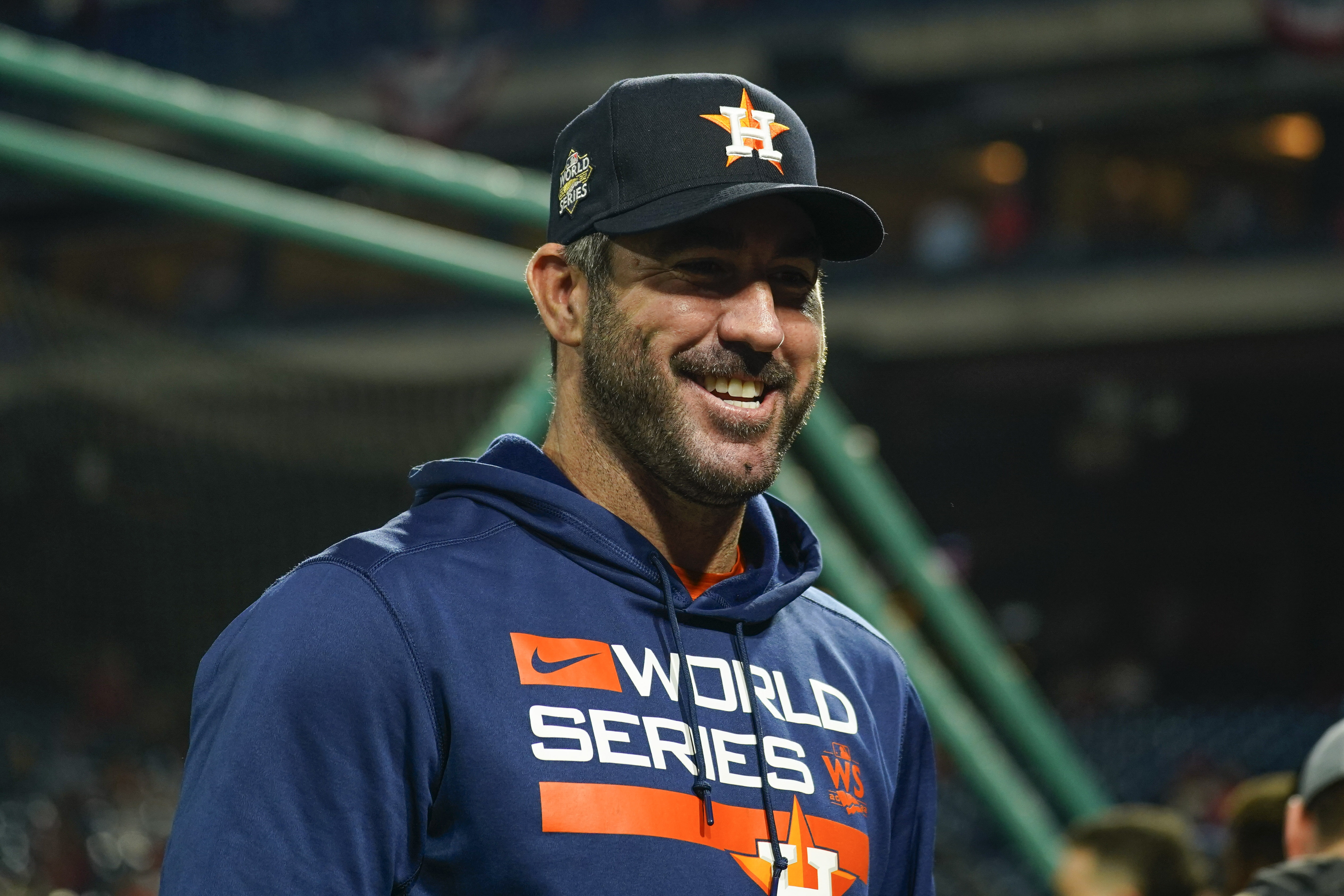 Houston Astros starting pitcher Justin Verlander smiles before Game 3 of baseball's World Series between the Houston Astros and the Philadelphia Phillies on Tuesday, Nov. 1, 2022, in Philadelphia. 
