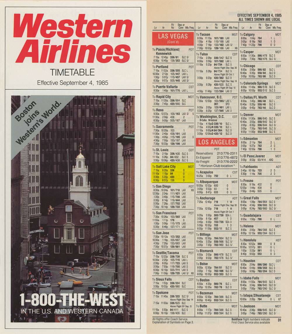Western Airlines offered four daily non-stop flights from Las Vegas to Salt Lake City at the time of Sheree Warren’s disappearance. Highlight added by COLD.