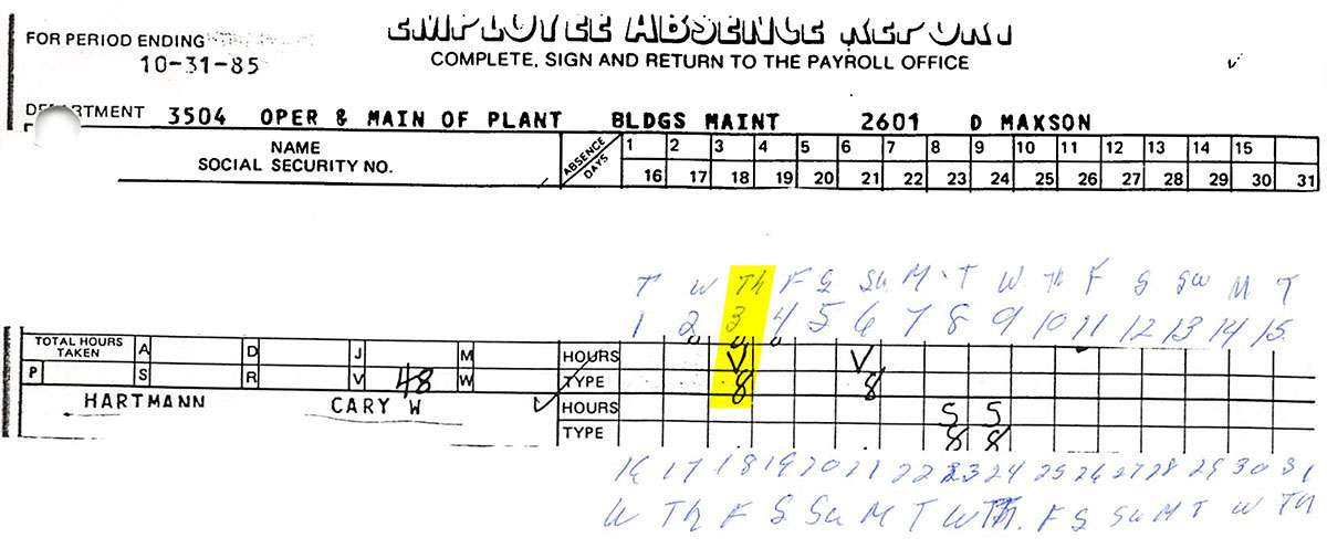Ogden police obtained Cary Hartmann’s timecards from his employer, Weber State College, by way of a subpoena in 1987. The timecards reveal Hartmann took time off from work the day after Sheree Warren was last seen. Highlight added by COLD.