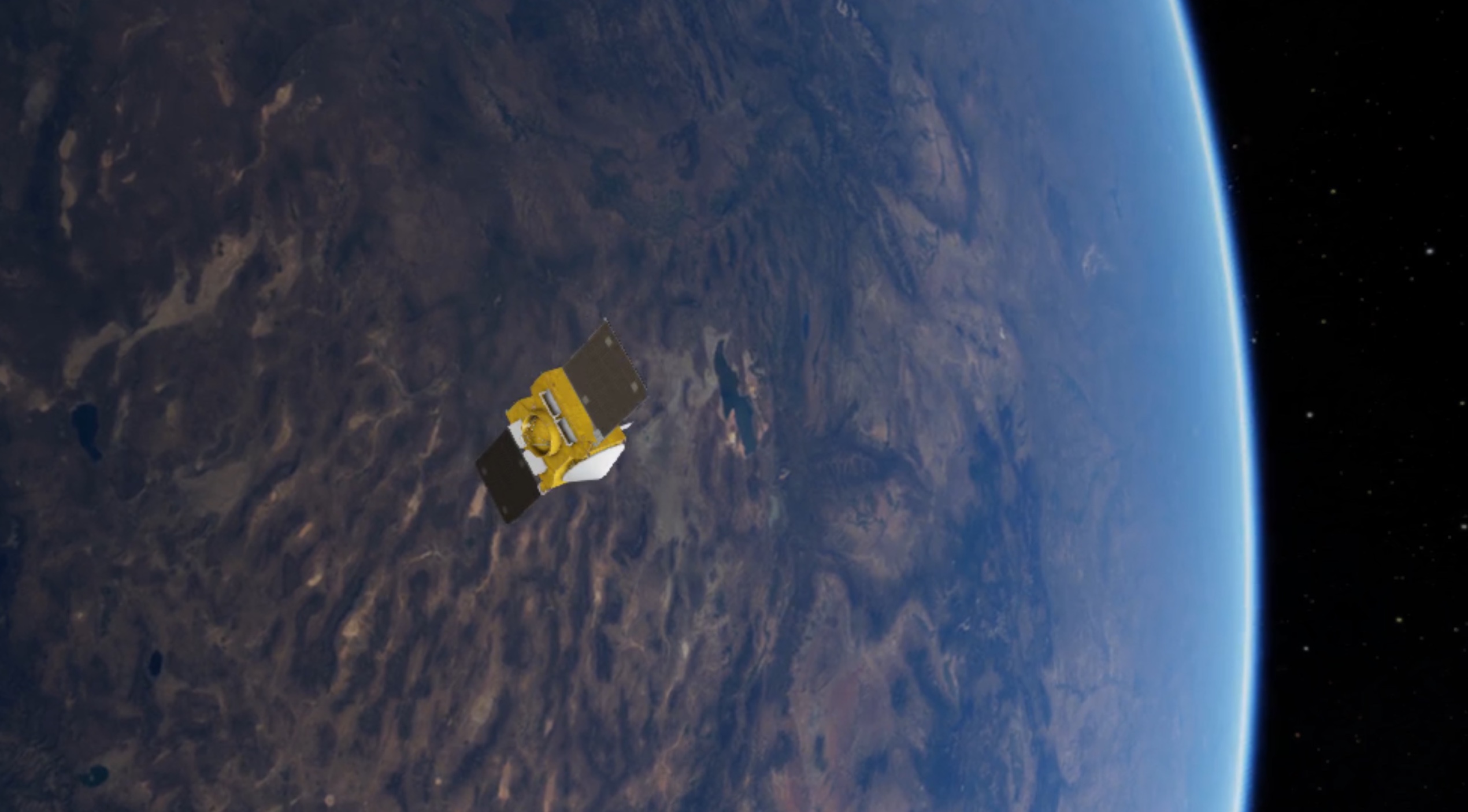 In this computer model, the OSIRIS-REx satellite is seen as it will appear on Sept. 24, 2023, when it will pass by the Earth and will drop a capsule containing a sample from an asteroid. The sample will make a parachute landing at the Utah Test and Training Range in Tooele County.