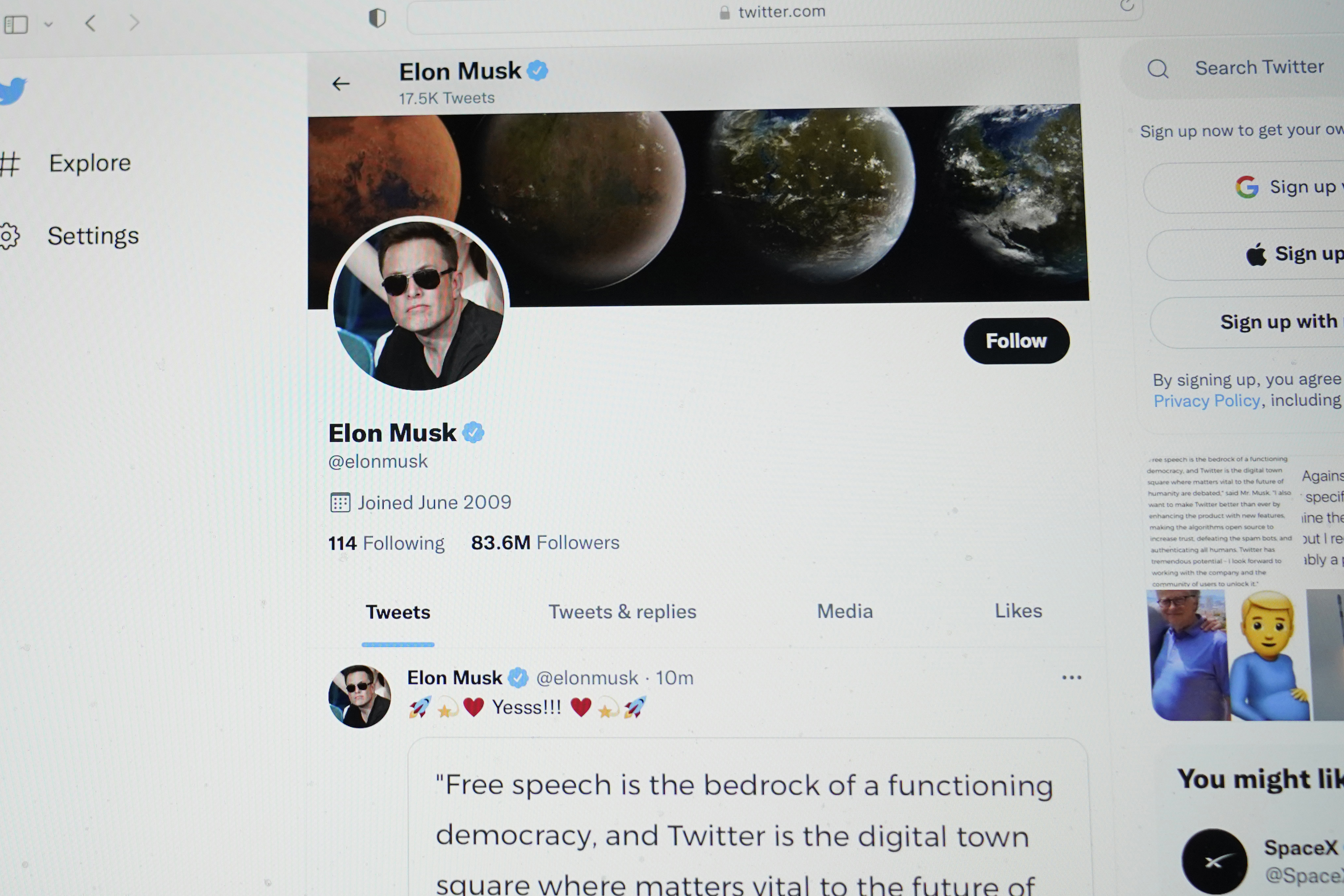 The Twitter page of Elon Musk is seen on the screen of a computer in Sausalito, Calif., April 25.  Elon Musk wants to change how Twitter doles out its checkmark badges for verified accounts. 