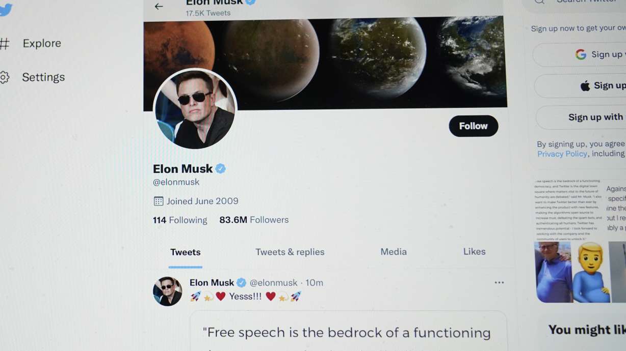 The Twitter page of Elon Musk is seen on the screen of a computer in Sausalito, Calif., April 25. Elon Musk wants to change how Twitter doles out its checkmark badges for verified accounts.
