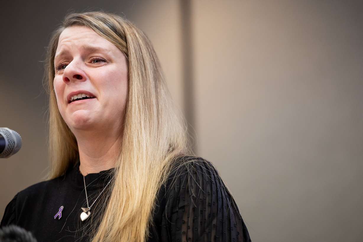Nichole Schmidt, mother of Gabby Petito, speaks during a press conference at the Utah Law and Justice Center in Salt Lake City on Thursday. Petito’s parents and attorneys announced they have filed a $50 million wrongful death lawsuit against the Moab Police Department.