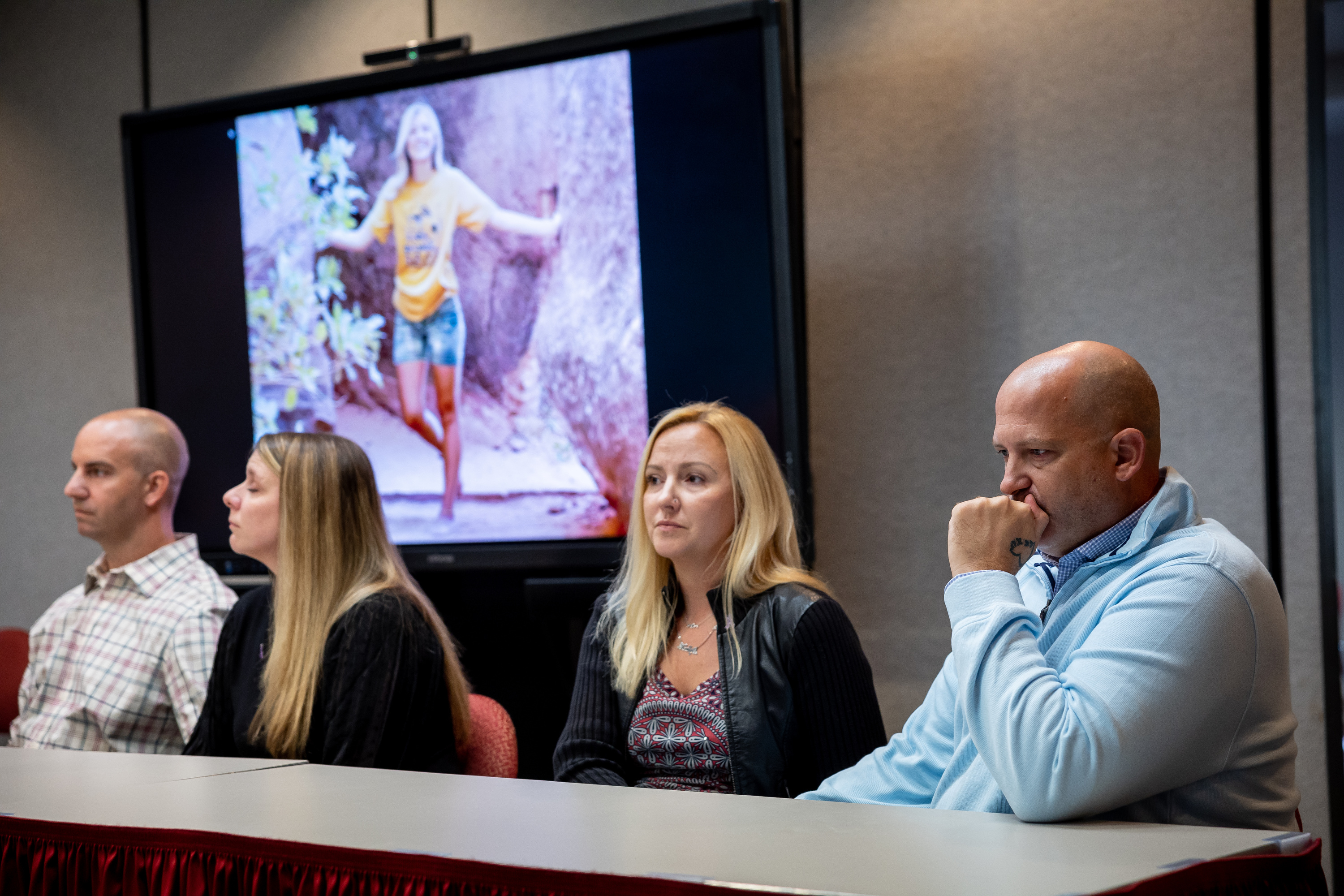 The parents of Gabby Petito, Jim and Nichole Schmidt and Tara and Joe Petito, left to right, take part in a press conference at the Utah Law and Justice Center in Salt Lake City on Nov. 3, 2022, announcing a lawsuit against the Moab Police Department. A judge dismissed the case on Wednesday.