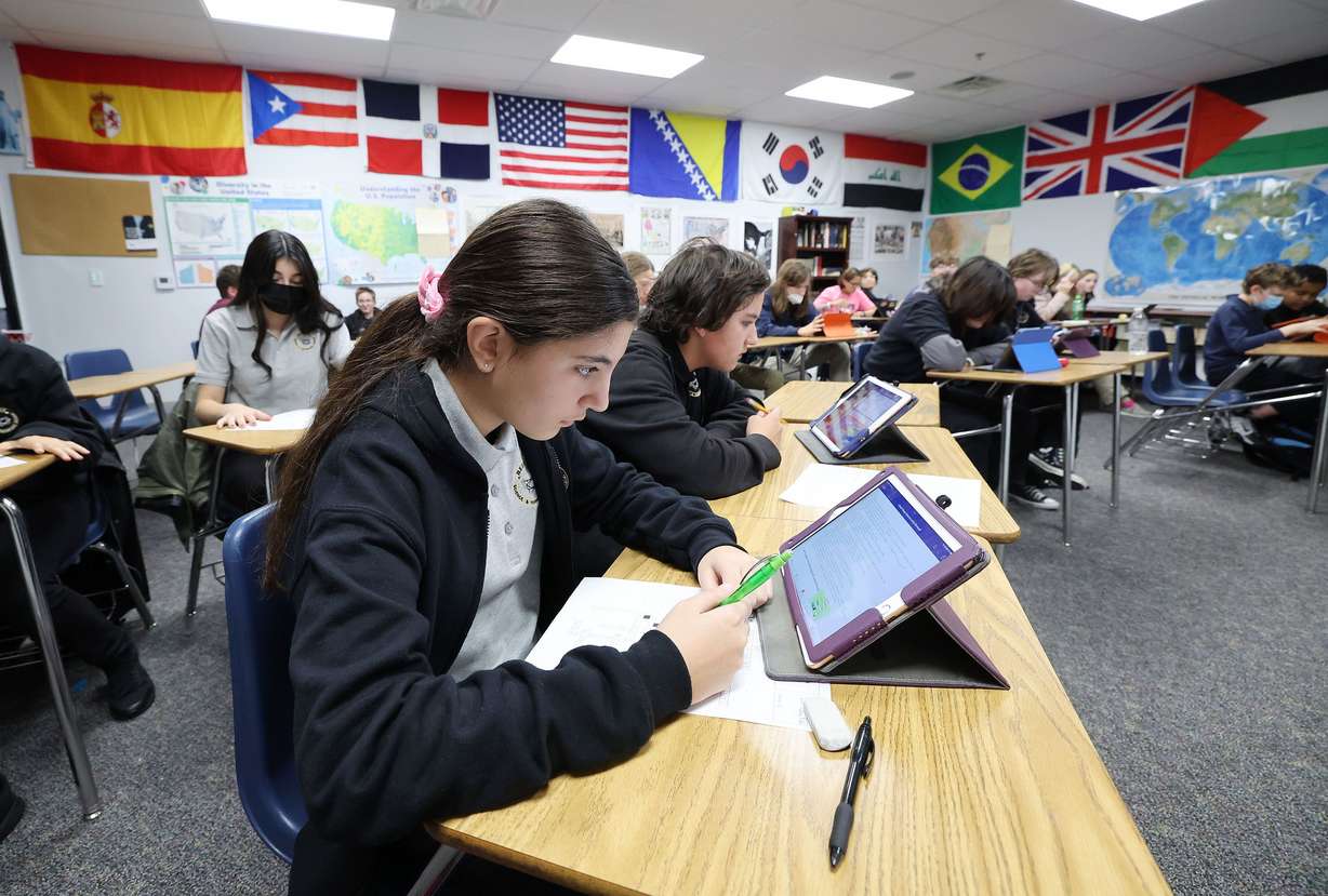 Rebeca Fontes works in a geography class at the Beehive Science and Technology Academy in Sandy on Thursday, Nov. 3. Utah's school children have a high rate of chronic absenteeism.