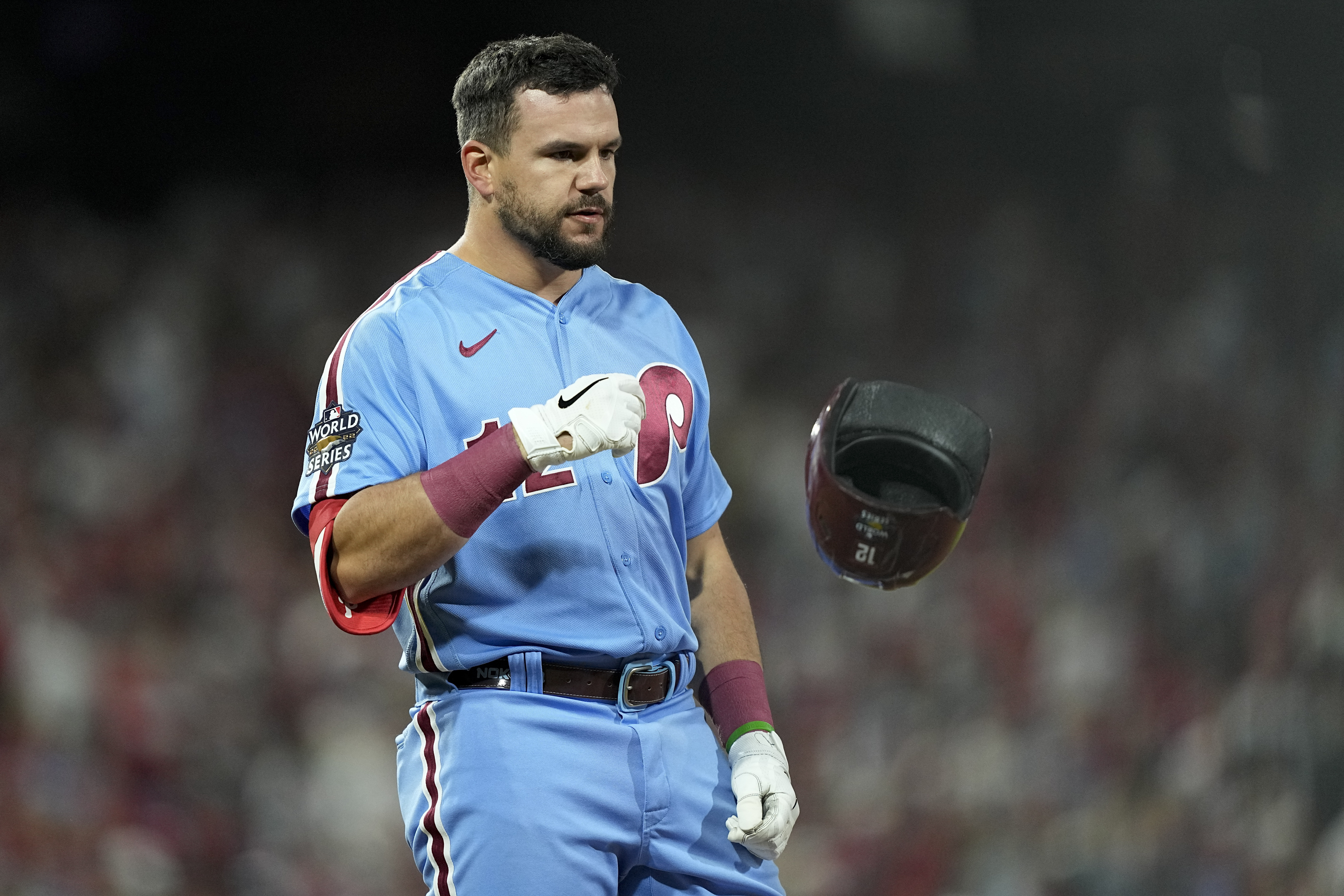Philadelphia Phillies' Kyle Schwarber reacts after grounding out to end the sixth inning in Game 5 of baseball's World Series between the Houston Astros and the Philadelphia Phillies on Thursday, Nov. 3, 2022, in Philadelphia. 