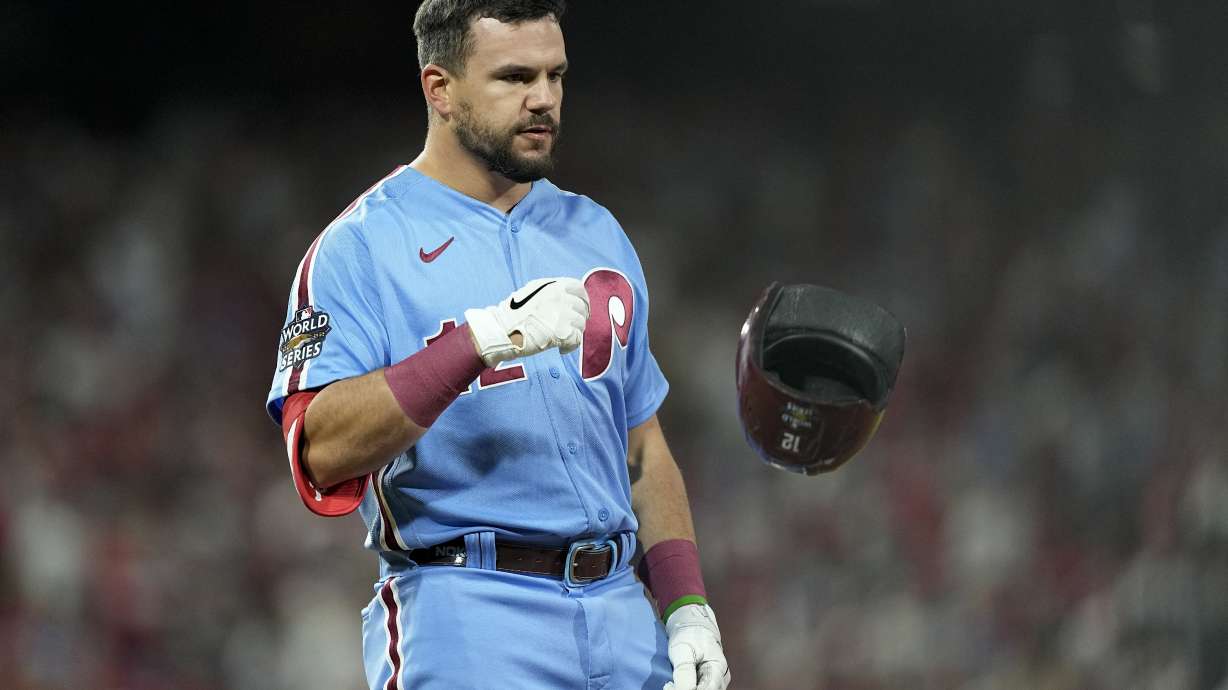 Philadelphia Phillies' Kyle Schwarber reacts after grounding out to end the sixth inning in Game 5 of baseball's World Series between the Houston Astros and the Philadelphia Phillies on Thursday, Nov. 3, 2022, in Philadelphia.