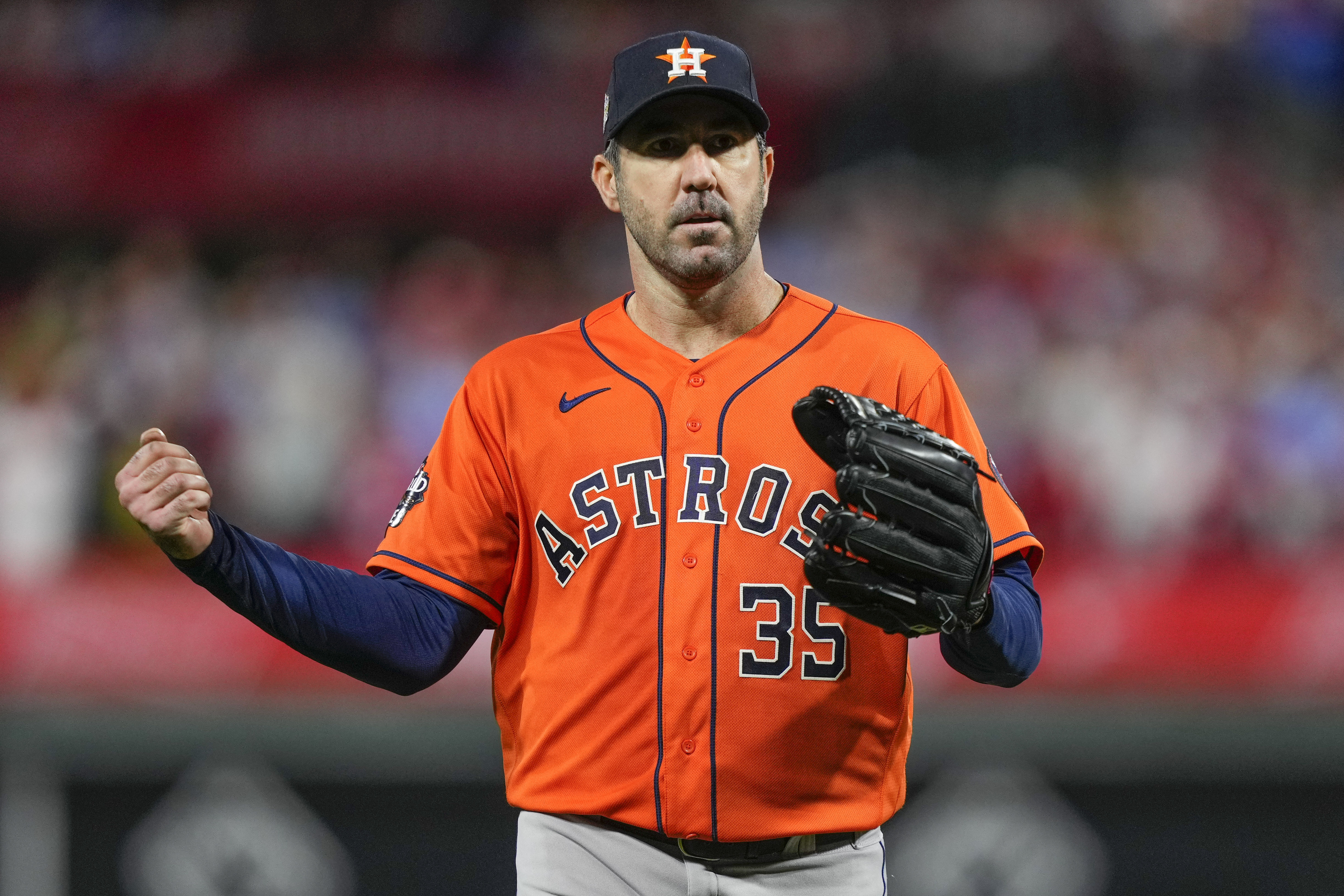 Houston Astros starting pitcher Justin Verlander celebrates the last out in the fifth inning in Game 5 of baseball's World Series between the Houston Astros and the Philadelphia Phillies on Thursday, Nov. 3, 2022, in Philadelphia. 