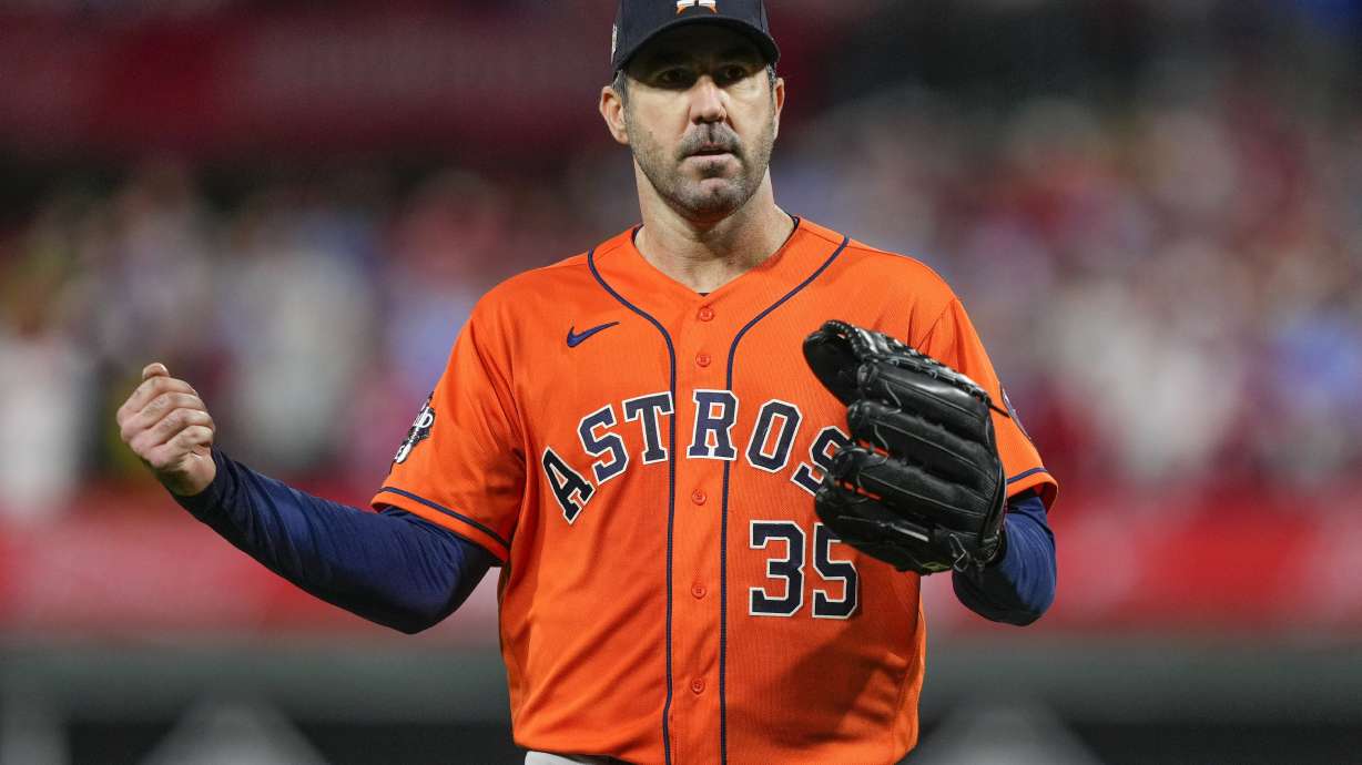 Houston Astros starting pitcher Justin Verlander celebrates the last out in the fifth inning in Game 5 of baseball's World Series between the Houston Astros and the Philadelphia Phillies on Thursday, Nov. 3, 2022, in Philadelphia.
