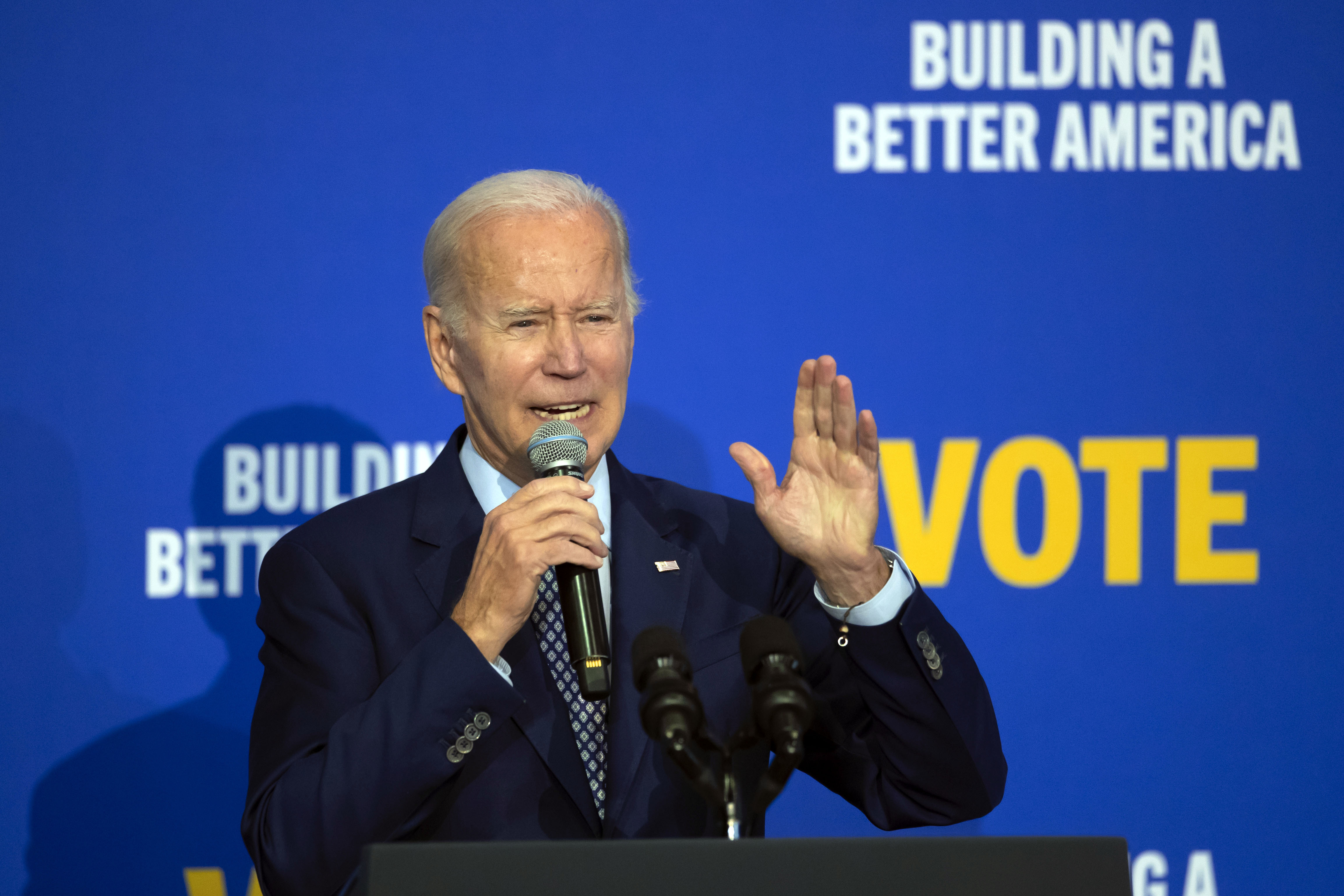 President Joe Biden speaks at a campaign rally in Albuquerque, N.M., Thursday. Biden says he is feeling "really good" about Democrats' chances in the midterm elections, even as he traveled to support two House members who are facing competitive reelection battles.