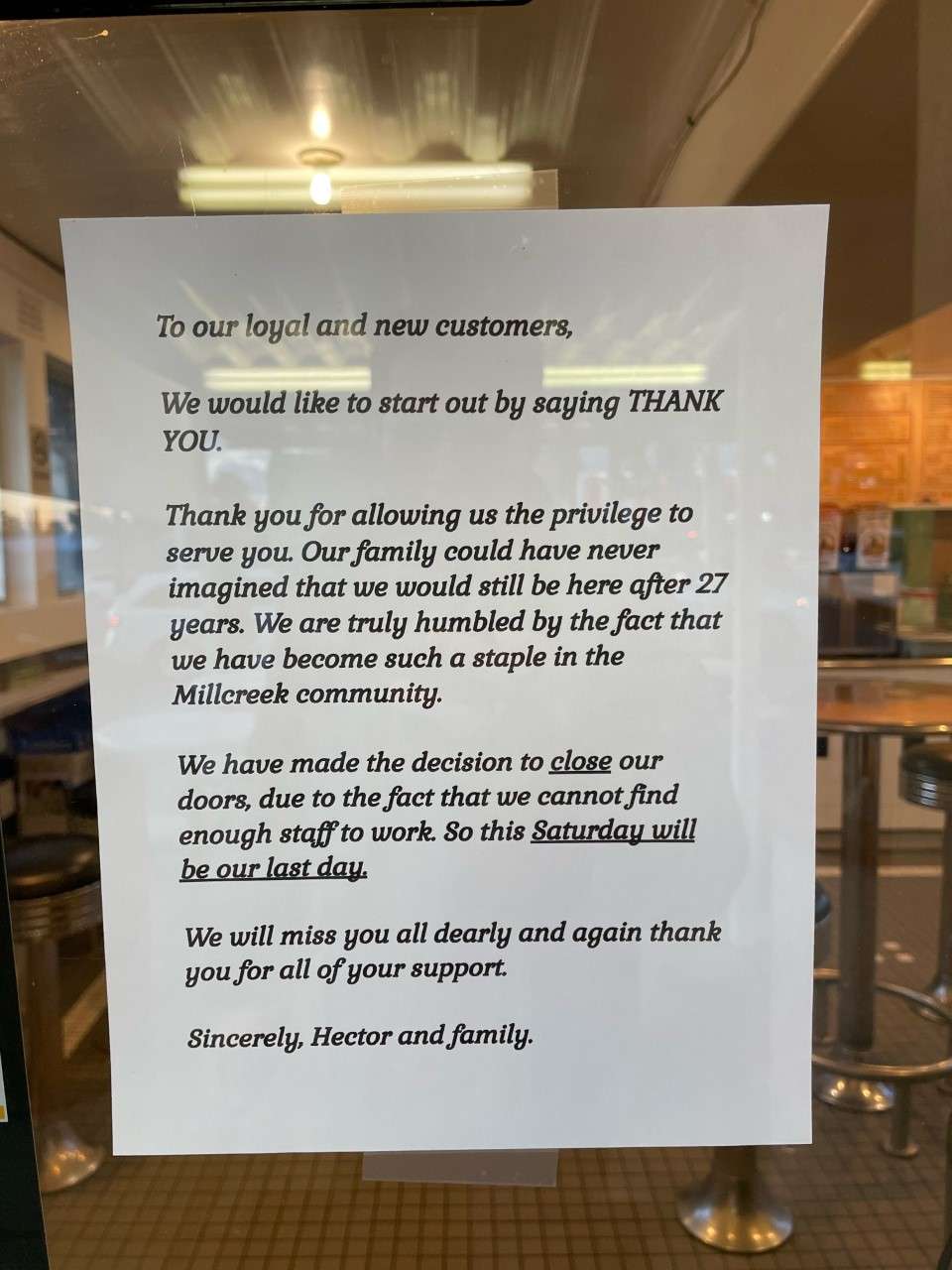 A sign at Hector’s Mexican Food explains why the restaurant is closing after 27 years in Millcreek, Thursday.