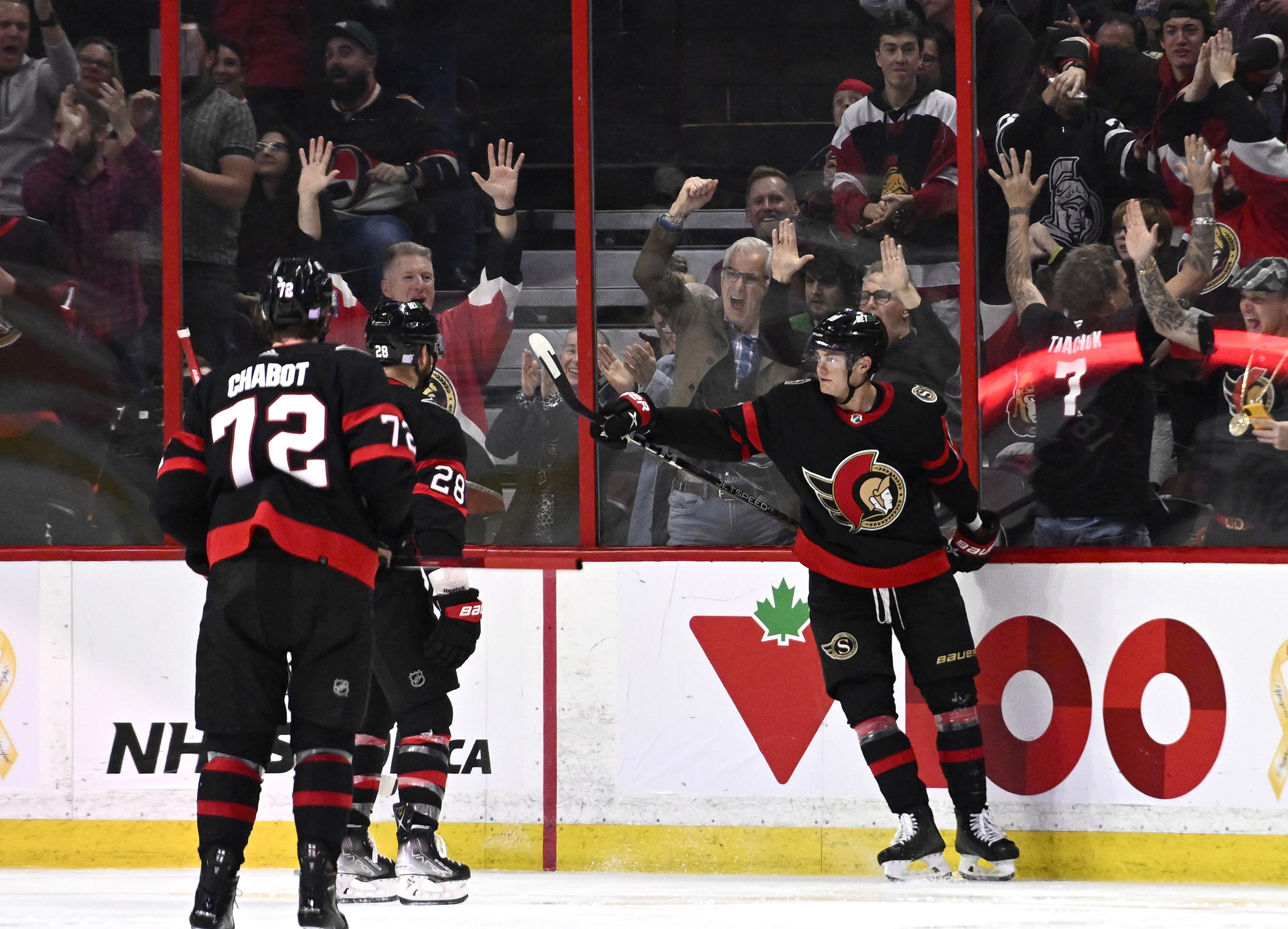 Ottawa Senators left wing Tim Stutzle (18) celebrates after his goal against the Vegas Golden Knights during third-period NHL hockey game action in Ottawa, Ontario, Thursday, Nov. 3, 2022. 