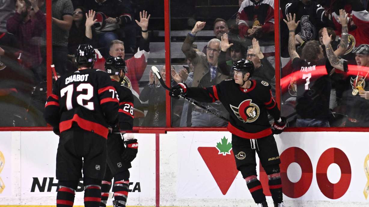 Ottawa Senators left wing Tim Stutzle (18) celebrates after his goal against the Vegas Golden Knights during third-period NHL hockey game action in Ottawa, Ontario, Thursday, Nov. 3, 2022.