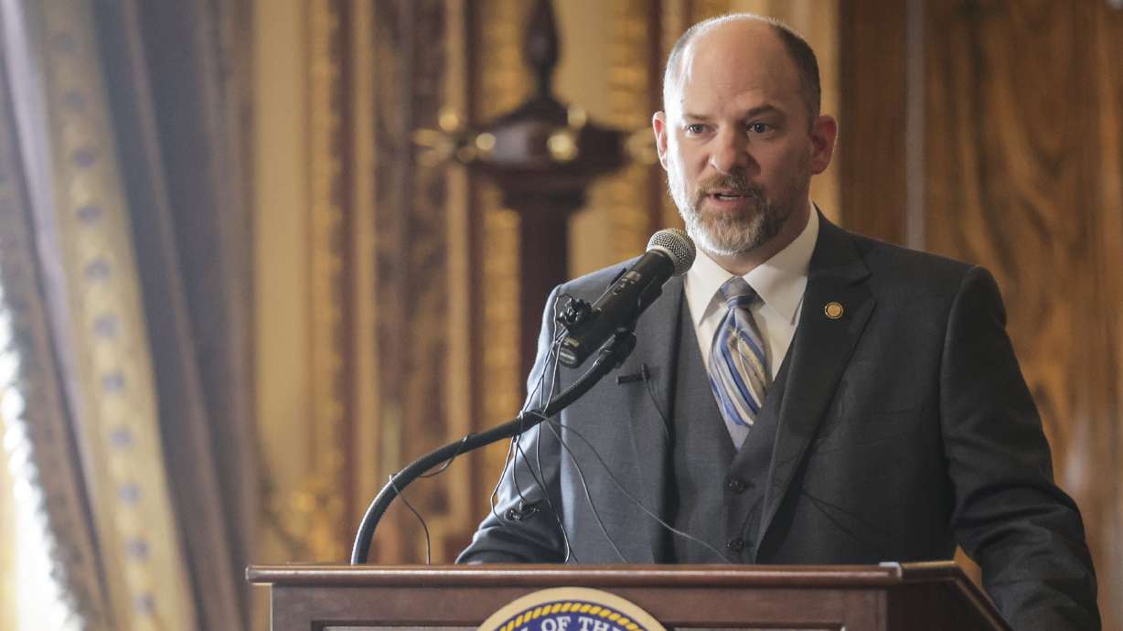 State Sen. Daniel Thatcher, R-West Valley City, speaks before Gov. Spencer Cox and Utah Lt. Gov. Deidre Henderson ceremonially sign SB171 and other bills focused on law enforcement and mental health issues at the Capitol in Salt Lake City on April 12, 2022. Thatcher said he suffered a stroke on Monday but shows "no lasting impairment."