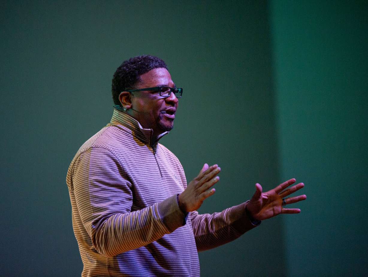 Pastor Corey J. Hodges speaks at a service celebrating the 100th birthday of The Point Church, previously called New Pilgrim Baptist Church, on Oct. 30.