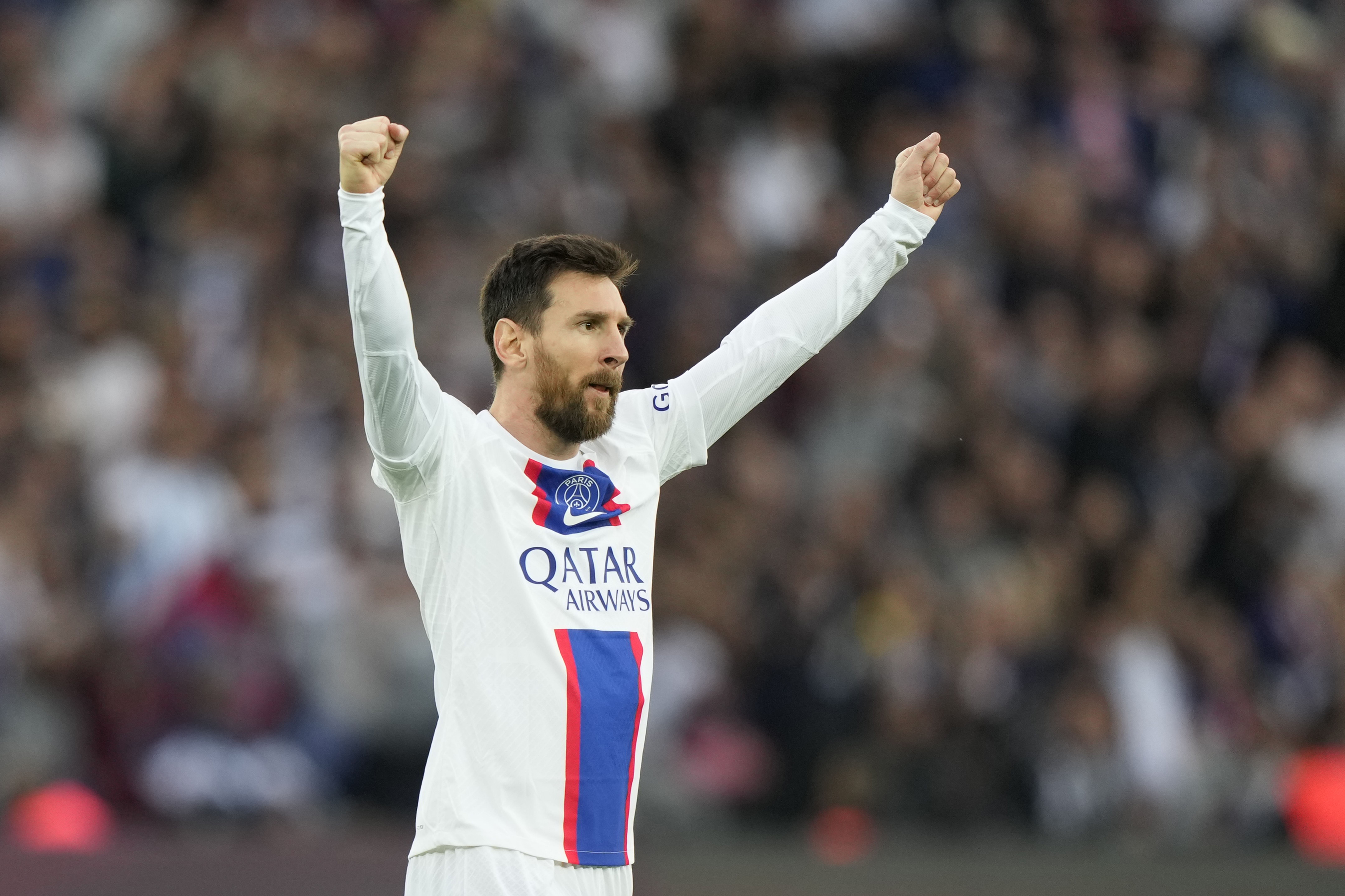 PSG's Lionel Messi scores his side's second goal during the French League One soccer match between Paris Saint-Germain and Troyes at the Parc des Princes in Paris, France, Saturday, Oct. 29, 2022.