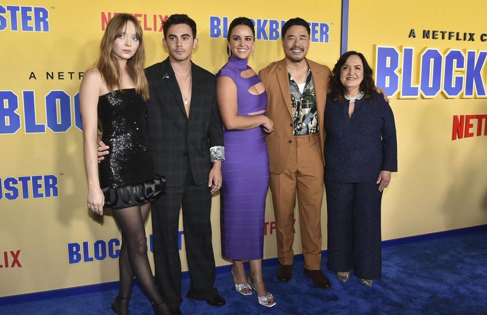 Madeleine Arthur, from left, Tyler Alvarez, Melissa Fumero, Randall Park and Olga Merediz arrive at special screening of "Blockbuster" on Oct. 27, at Tudum Screening Room in Los Angeles. 