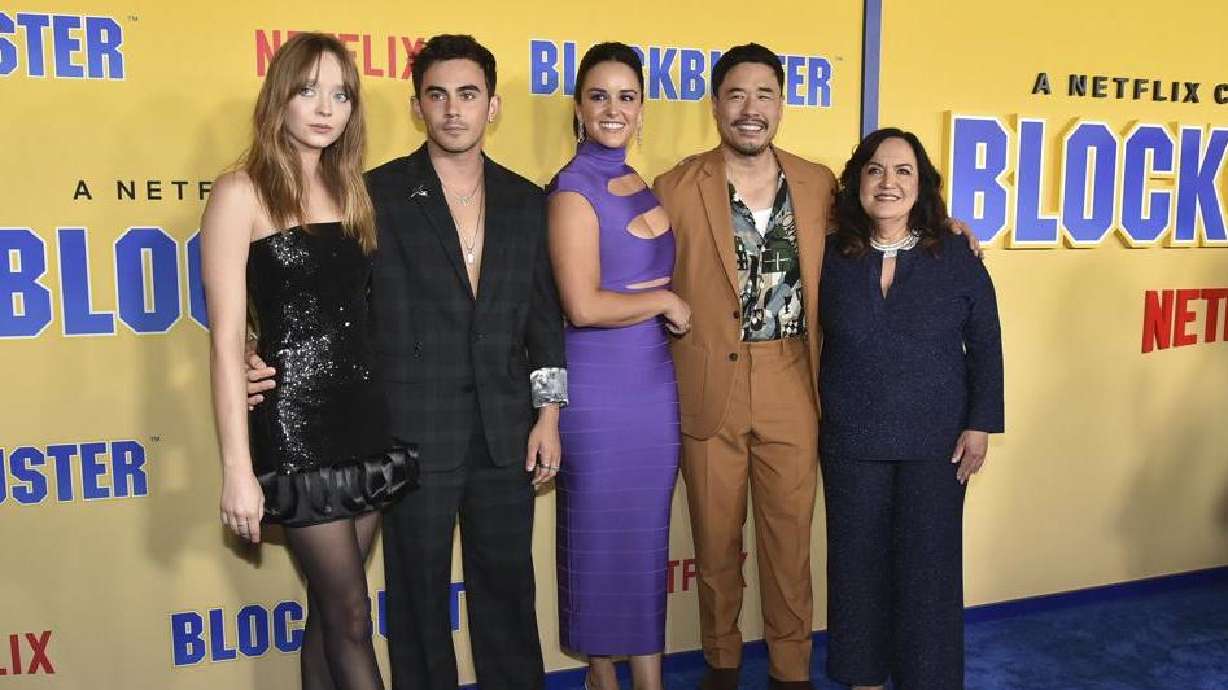 Madeleine Arthur, from left, Tyler Alvarez, Melissa Fumero, Randall Park and Olga Merediz arrive at special screening of "Blockbuster" on Oct. 27, at Tudum Screening Room in Los Angeles.