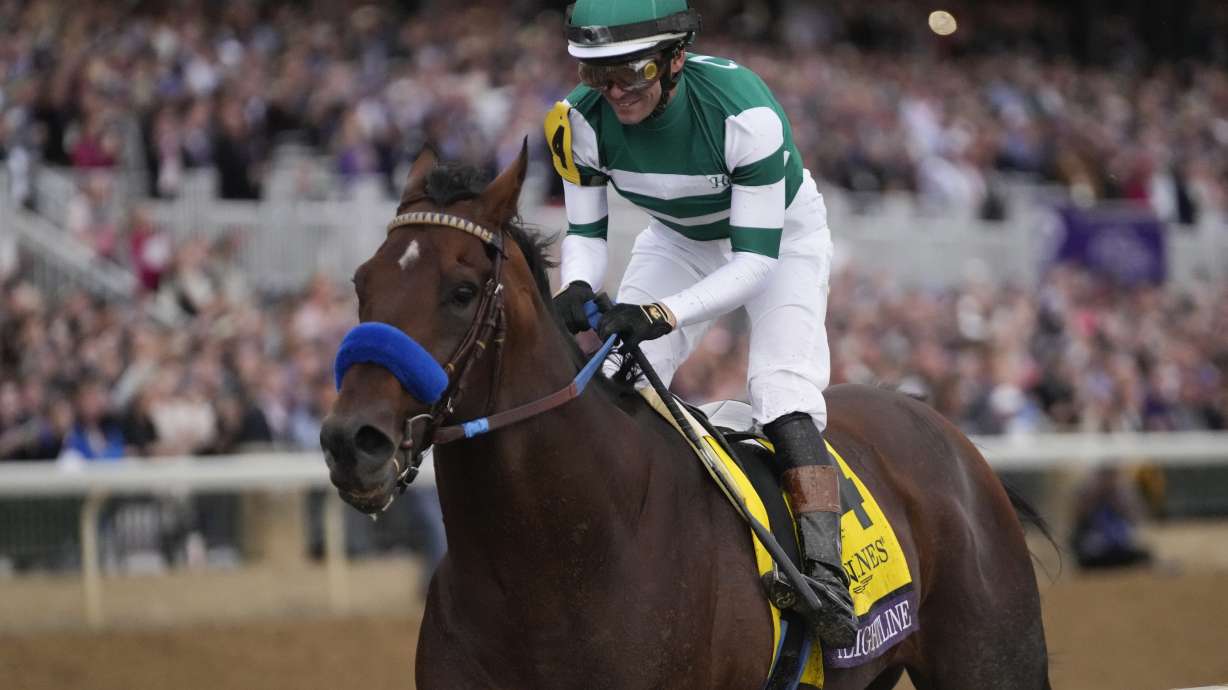 Flavien Prat rides Flightline to victory during the Breeders' Cup Classic race at the Keenelend Race Course, Saturday, Nov. 5, 2022, in Lexington, Ky.