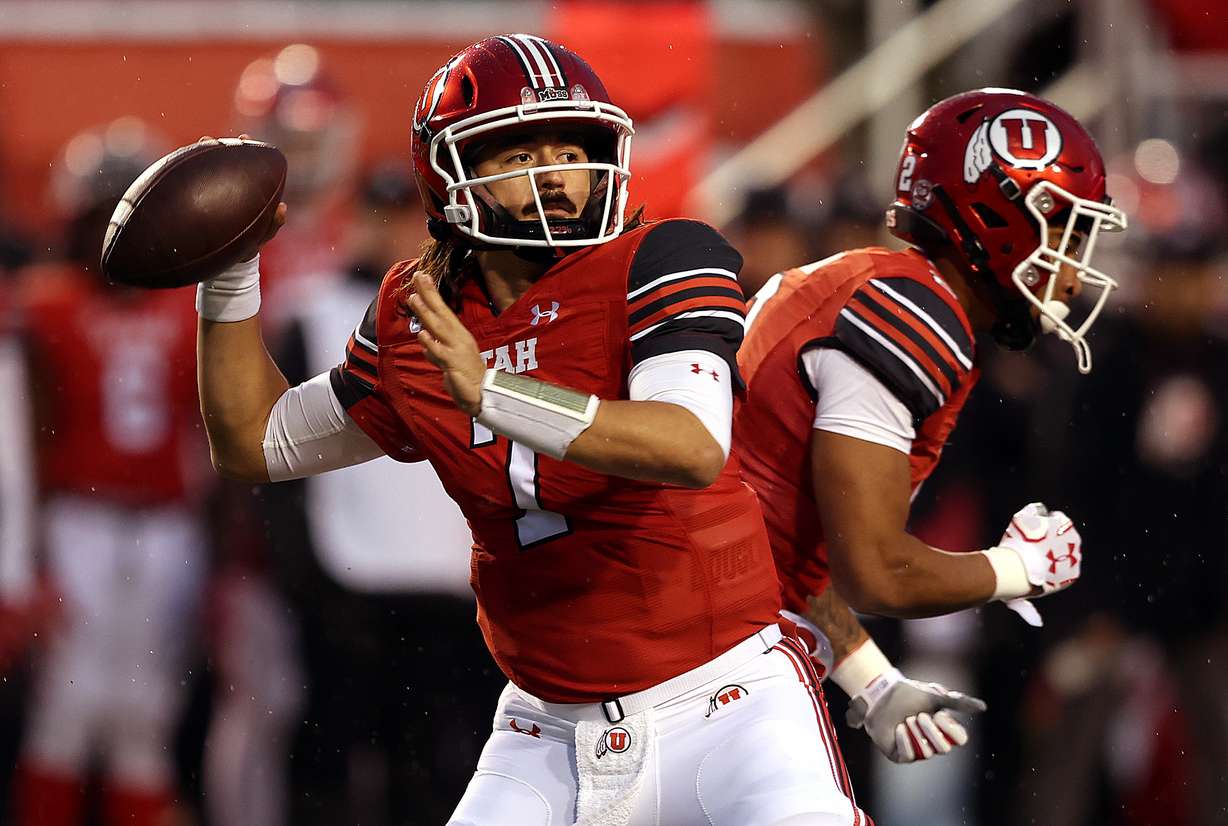 Utah Utes quarterback Cameron Rising (7) sets himself for a pass as Utah and Arizona play at Rice Eccles Stadium in Salt Lake City on Saturday, Nov. 5, 2022.