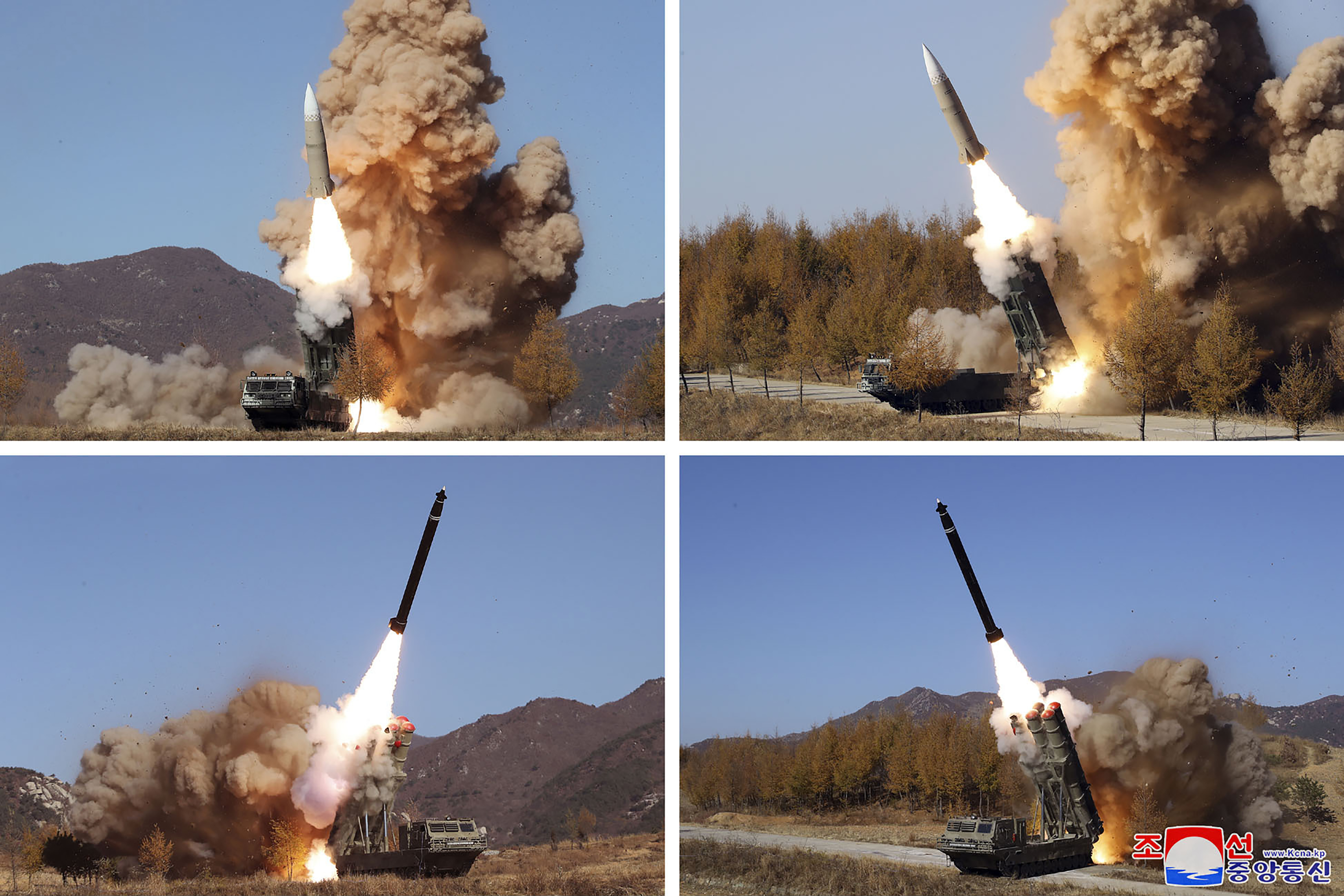 This combination of photos shows what the North Korean government says is a military operation held during Nov. 2-5 in North Korea. North Korea's military says its recent barrage of missile tests were practices to "mercilessly" strike key South Korean and U.S. targets such as air bases and operation command systems.