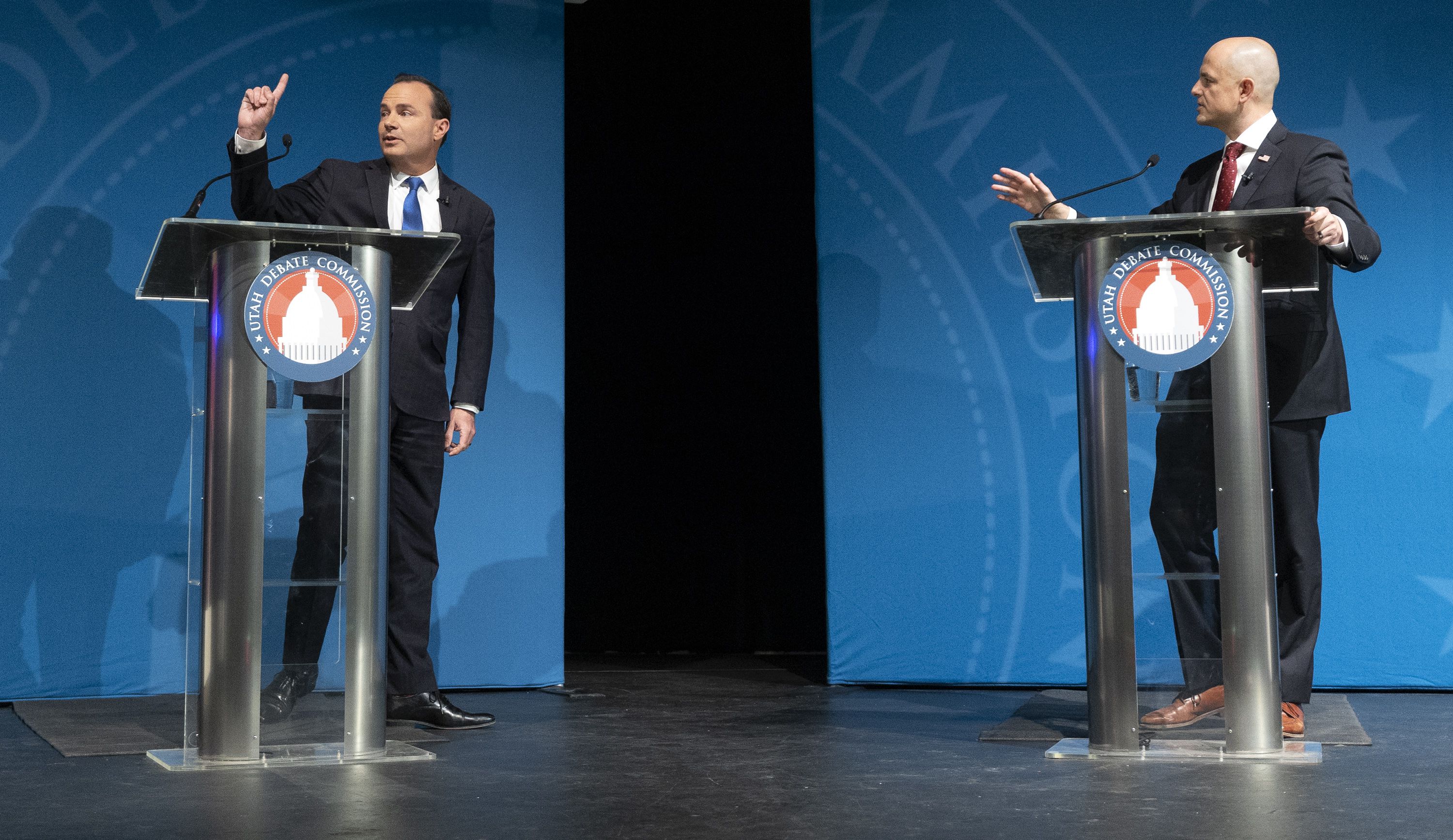 Sen. Mike Lee, R-Utah, left, and independent Evan McMullin get heated during their debate at Utah Valley University in Orem on Oct. 17.