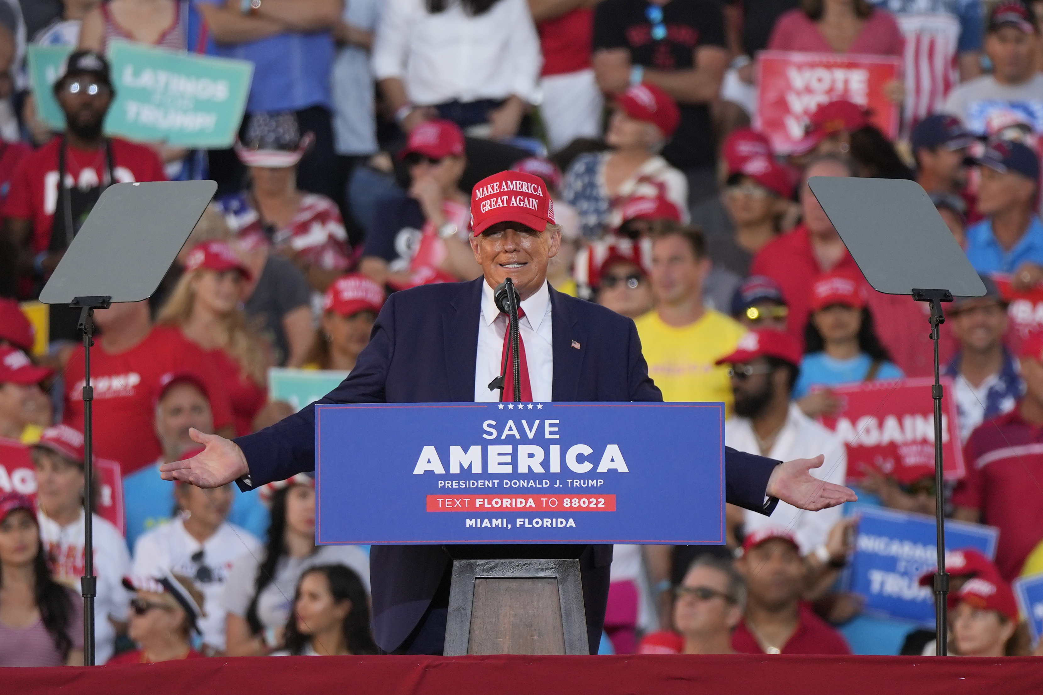 Former President Donald Trump speaks at a campaign rally in support of the campaign of Sen. Marco Rubio, R-Fla., at the Miami-Dade County Fair and Exposition on Sunday.