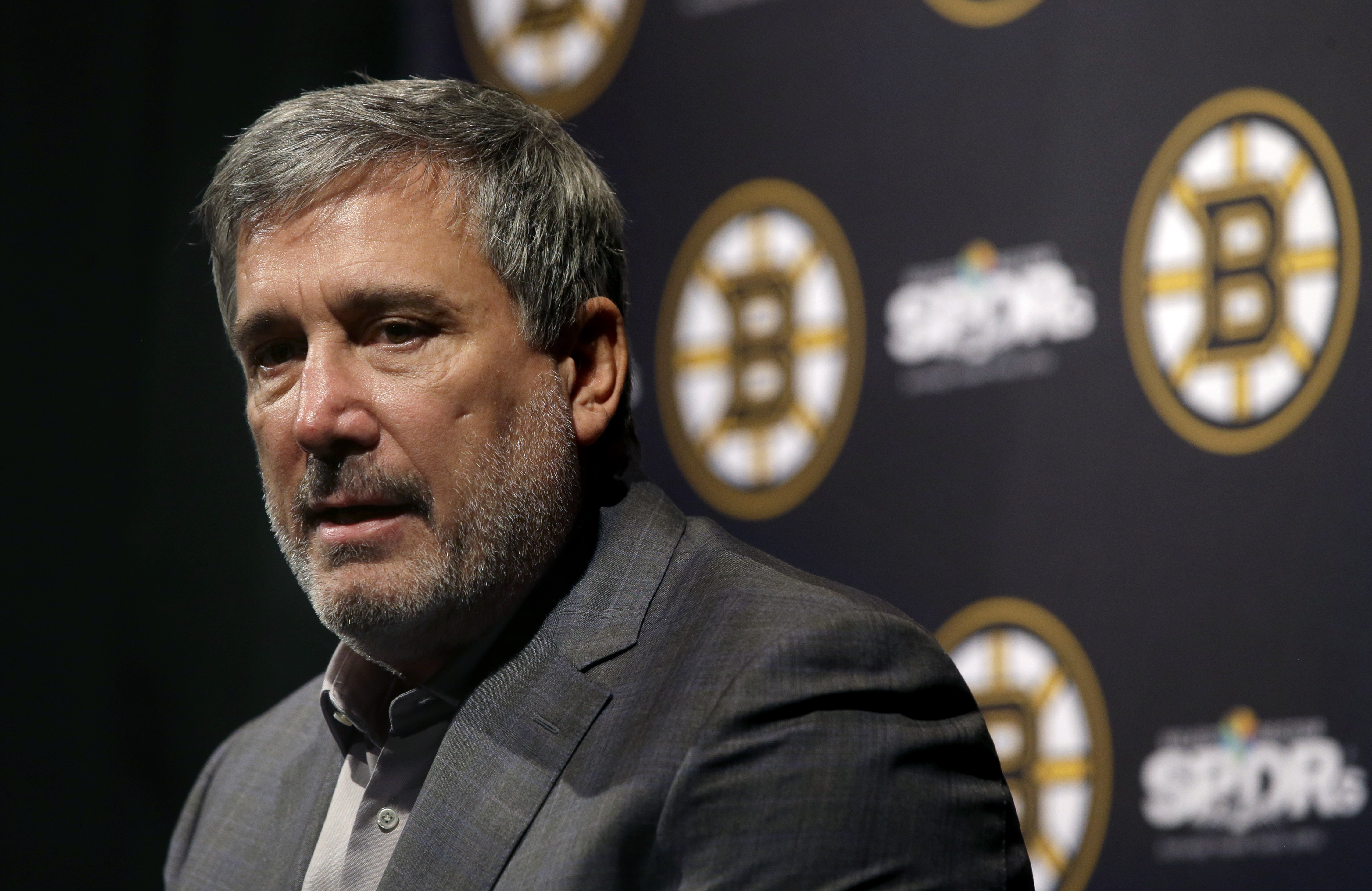 FILE - Boston Bruins President Cam Neely speaks to reporters during the hockey teams end-of-season news conference, Tuesday, June 18, 2019, in Boston. Neely said Monday, Nov. 7, 2022,  the team “dropped the ball" with its internal vetting of Mitchell Miller, ultimately leading to the decision to rescind its contract offer to the defenseman. 