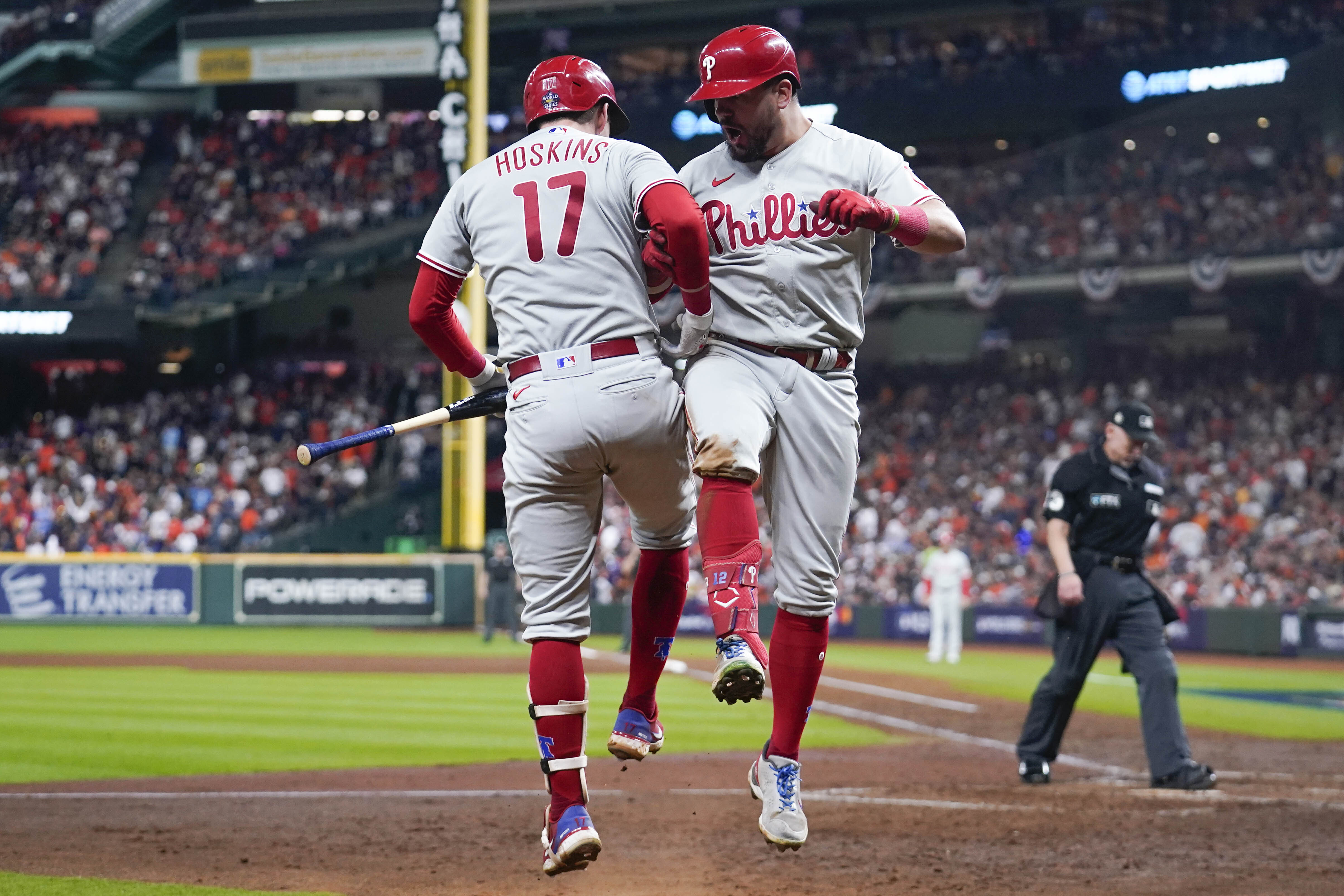 Philadelphia Phillies' Kyle Schwarber celebrates his solo home run during the sixth inning in Game 6 of baseball's World Series between the Houston Astros and the Philadelphia Phillies on Saturday, Nov. 5, 2022, in Houston.