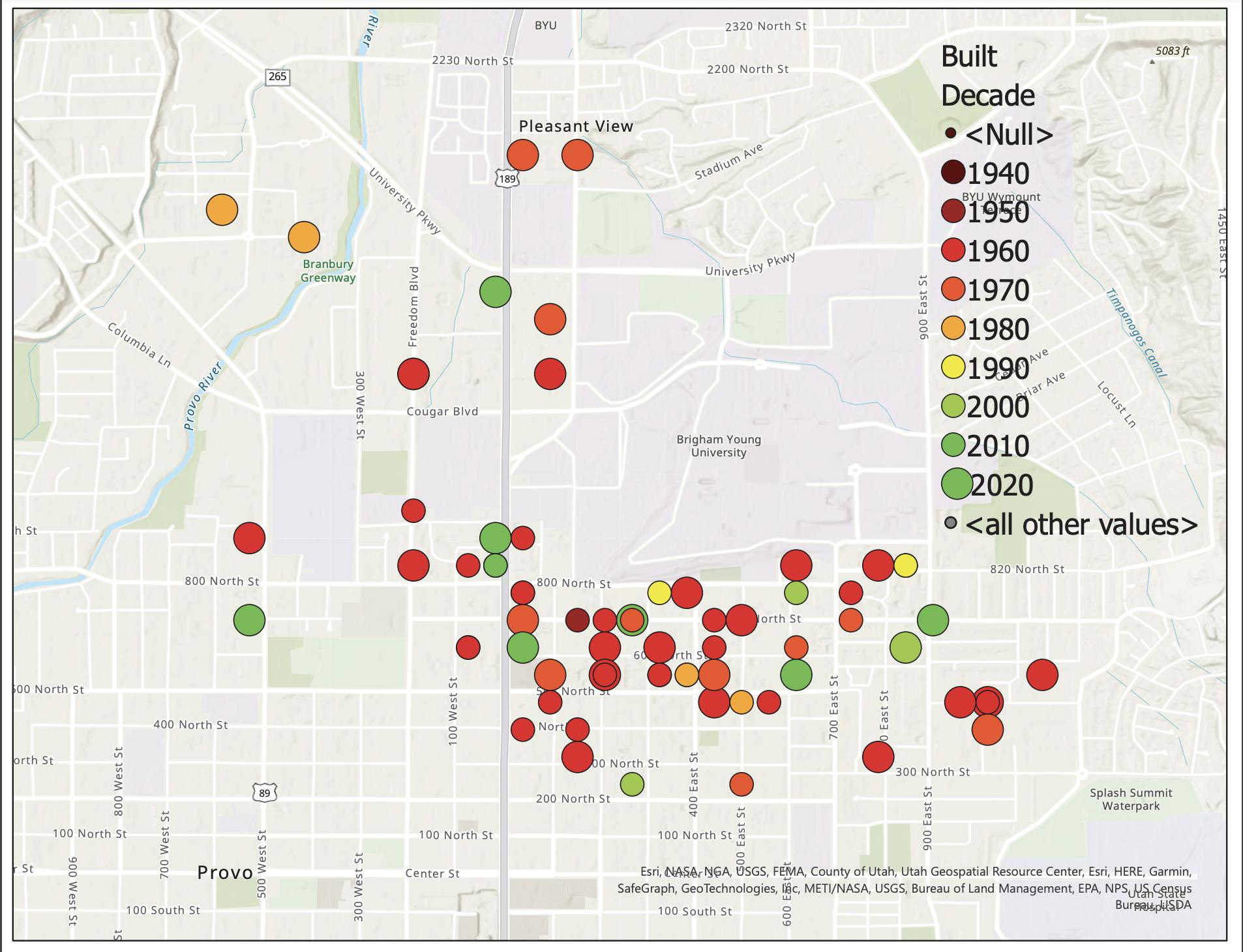 This map indicates when Brigham Young University student housing was built to show the earthquake readiness of those apartments and residences. The sizes of the dots indicate the sizes of the apartments.