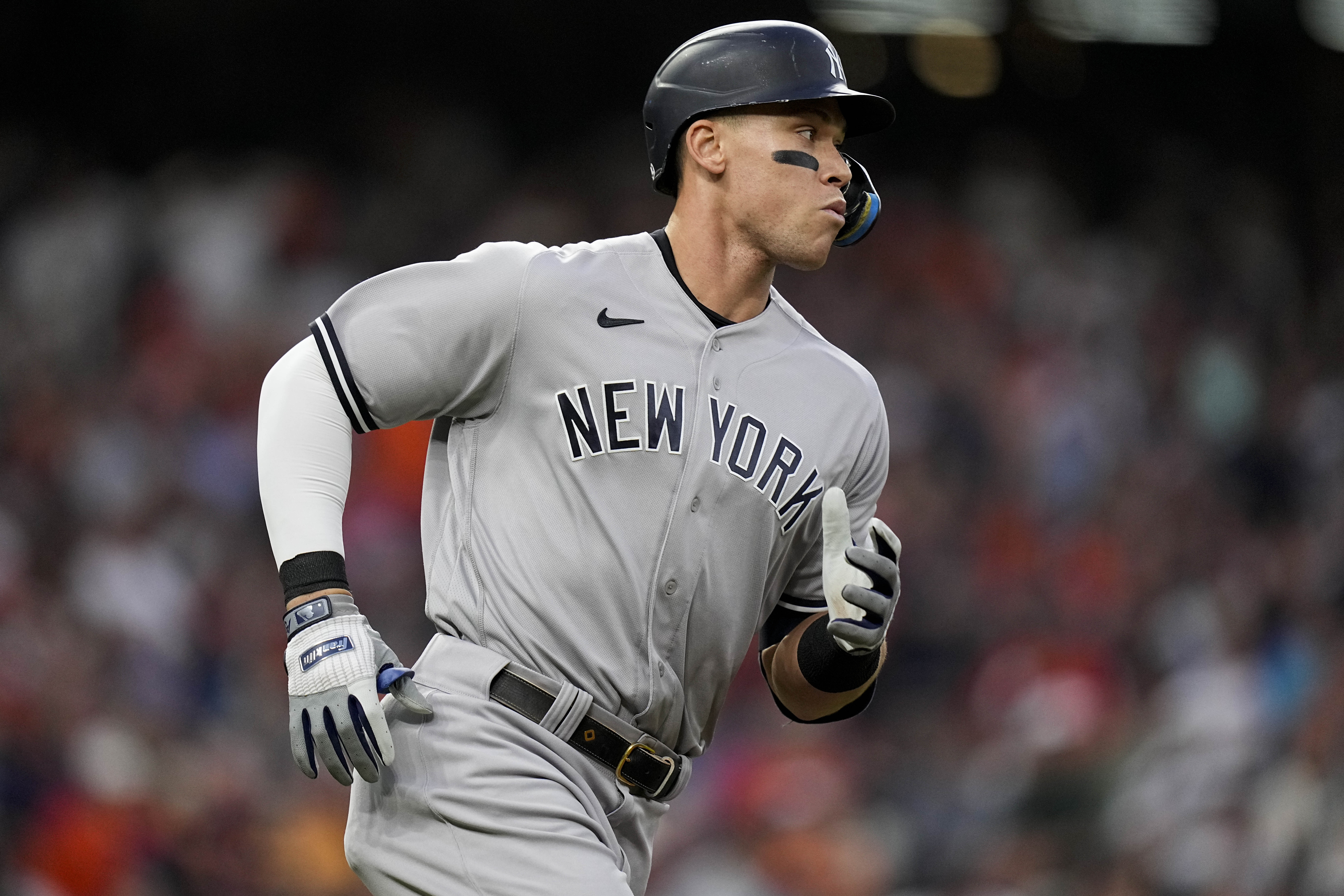 New York Yankees Aaron Judge (99) watches his ball fly out during the first inning in Game 2 of baseball's American League Championship Series between the Houston Astros and the New York Yankees, Thursday, Oct. 20, 2022, in Houston. 