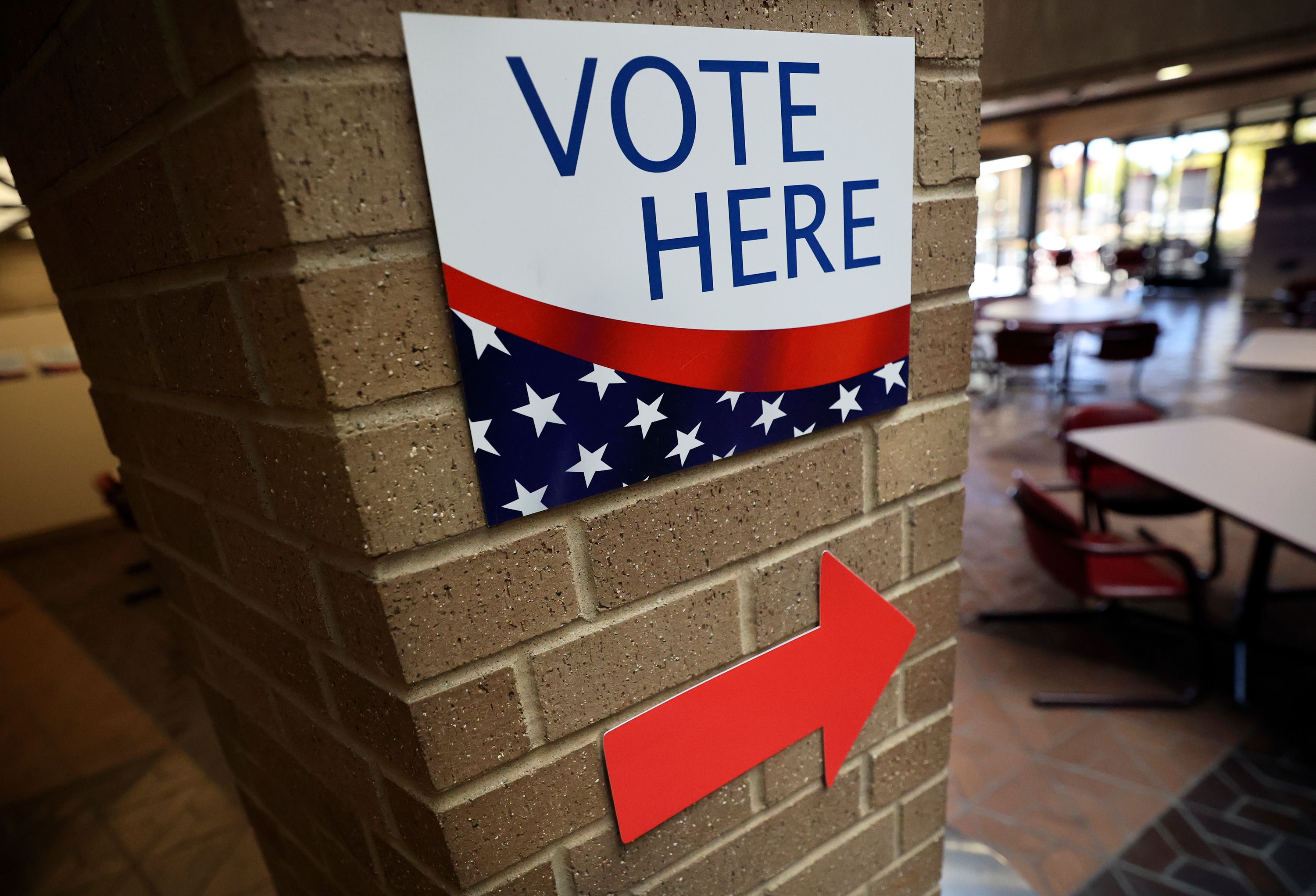 A “Vote Here” sign is pictured at the Salt Lake County Government Center in Salt Lake City on Nov. 3.