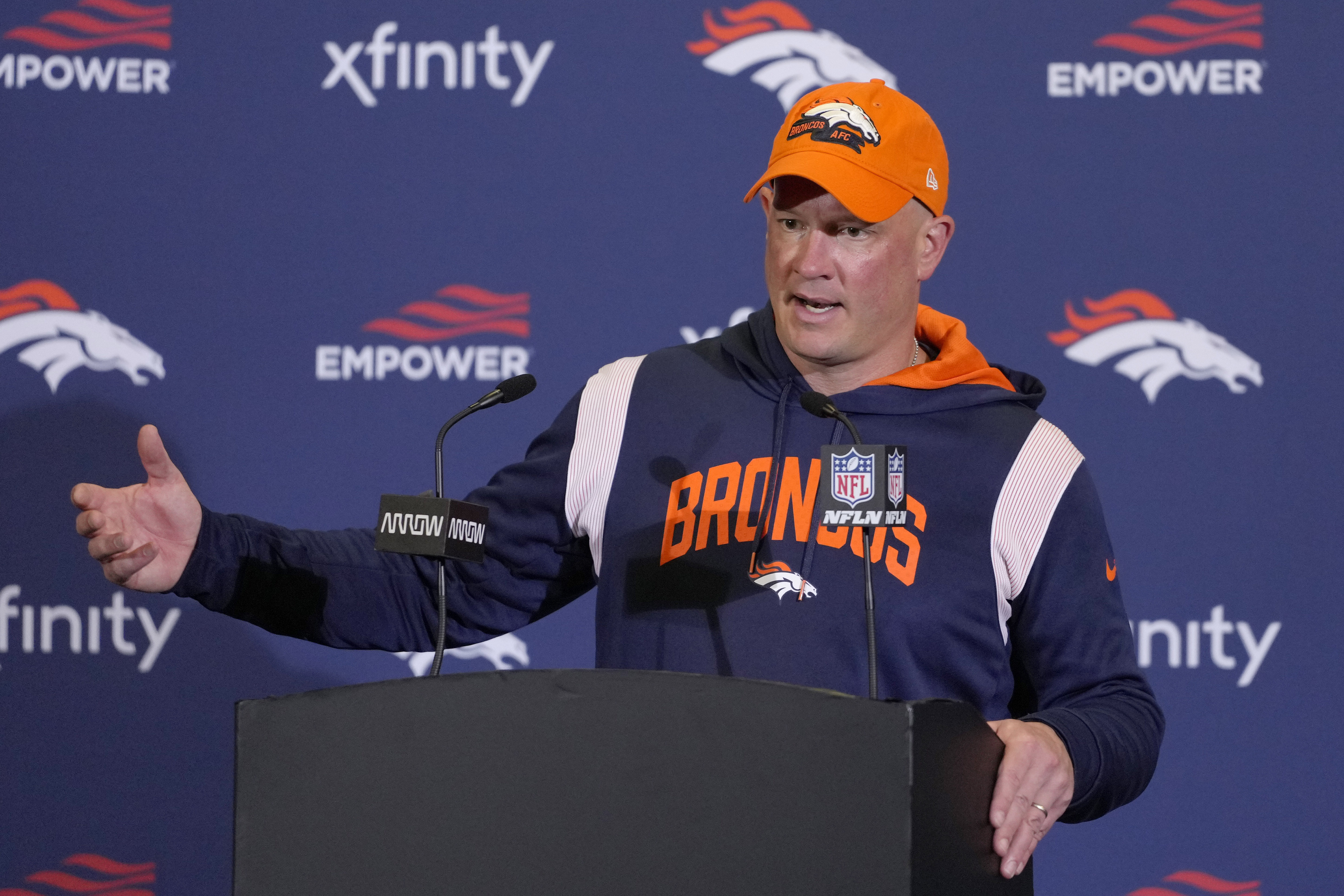 Denver Broncos head coach Nathaniel Hackett speaks during a press conference after the NFL football game between Denver Broncos and Jacksonville Jaguars at Wembley Stadium London, Sunday, Oct. 30, 2022. Denver Broncos won by 21-17. 