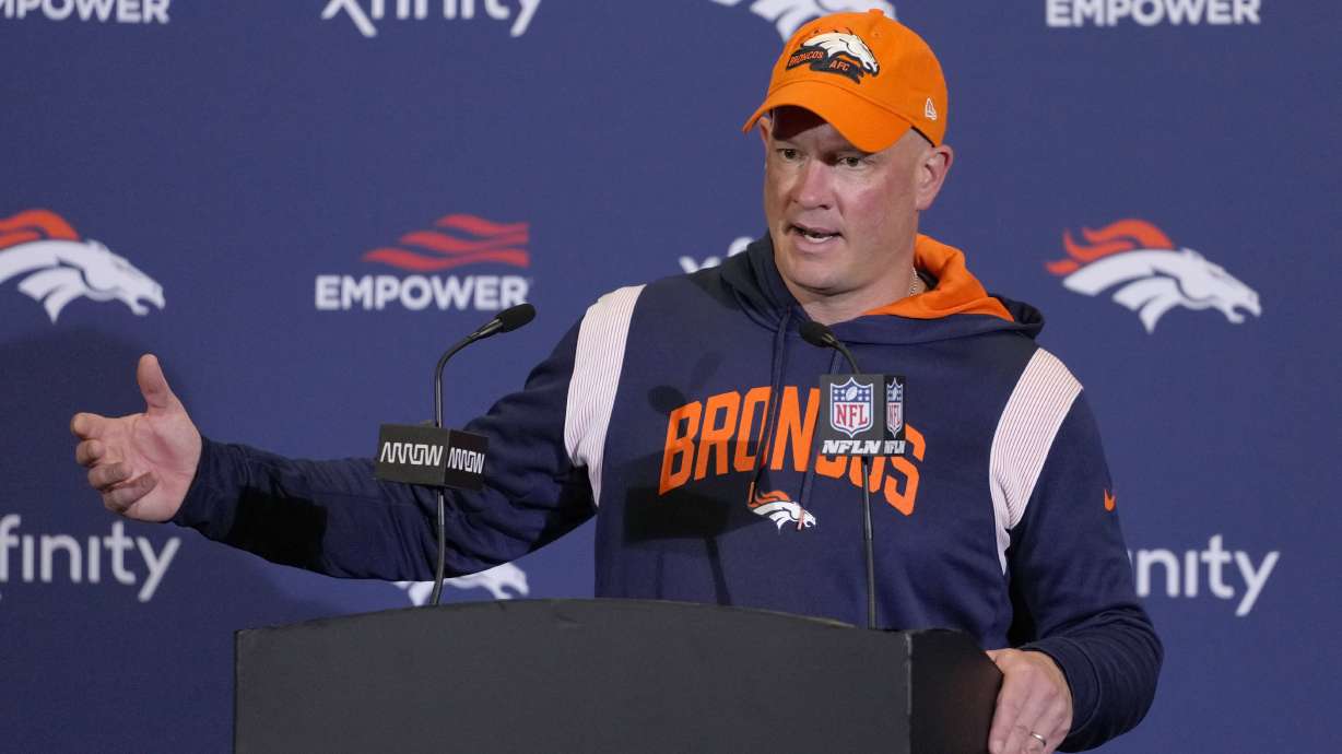 Denver Broncos head coach Nathaniel Hackett speaks during a press conference after the NFL football game between Denver Broncos and Jacksonville Jaguars at Wembley Stadium London, Sunday, Oct. 30, 2022. Denver Broncos won by 21-17.