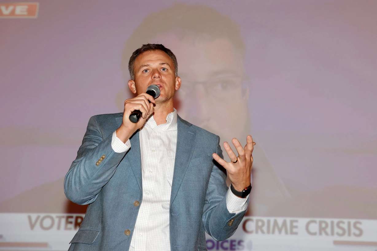 Rep. Blake Moore speaks to supporters in Ogden on Tuesday.