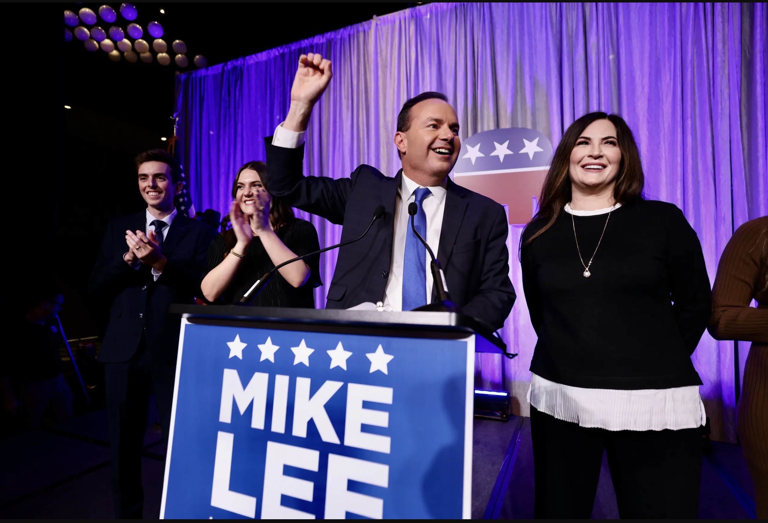 Sen. Mike Lee, R-Utah, thanks the crowd at an election party at the Hyatt Regency in Salt Lake City on Tuesday.