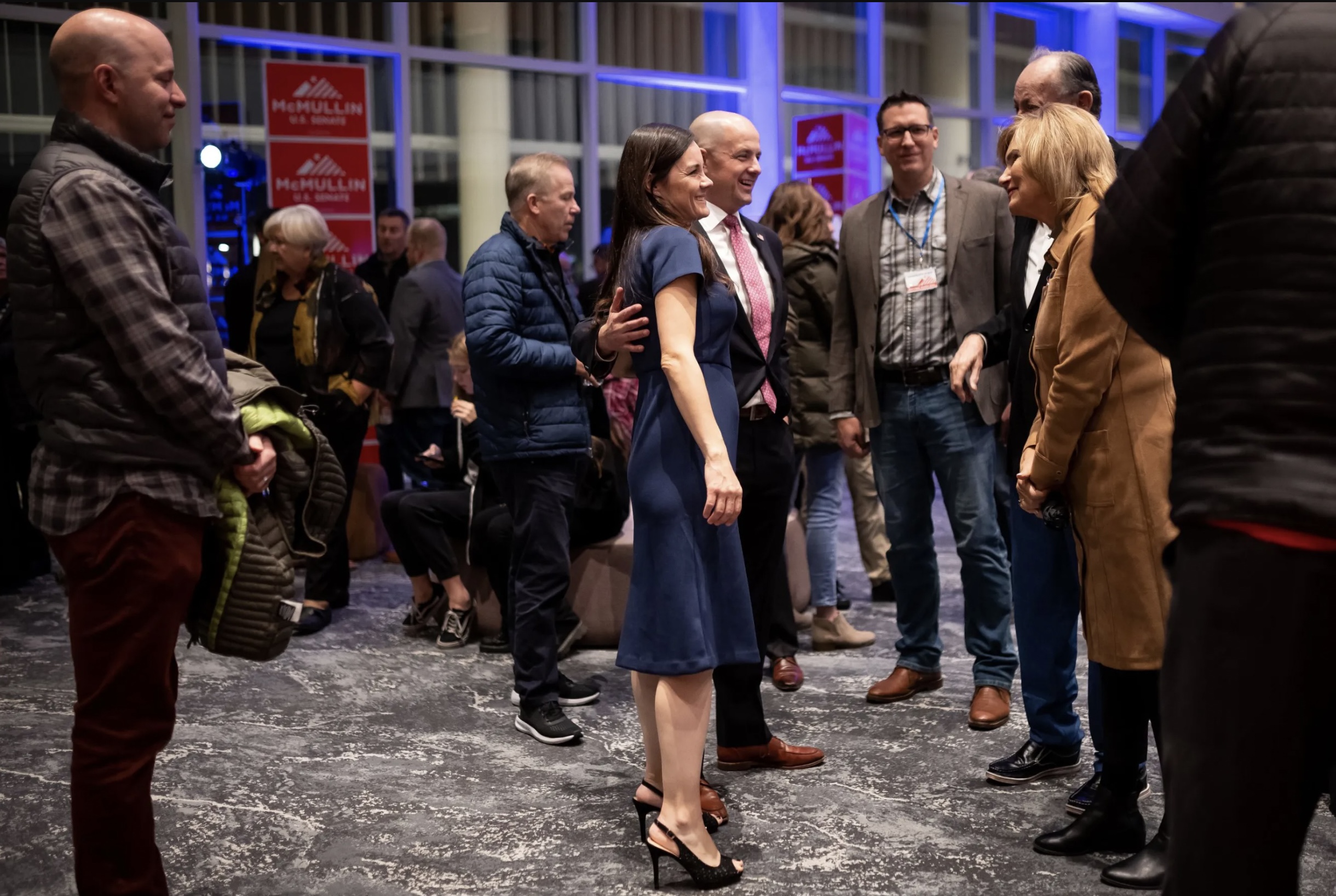 Independent senate candidate Evan McMullin and his wife, Emily Norton McMullin, talk to supporters during an election night watch party at the Mid-Valley Performing Arts Center in Taylorsville on Tuesday. McMullin conceded the race against incumbent Republican Sen. Mike Lee late Tuesday.