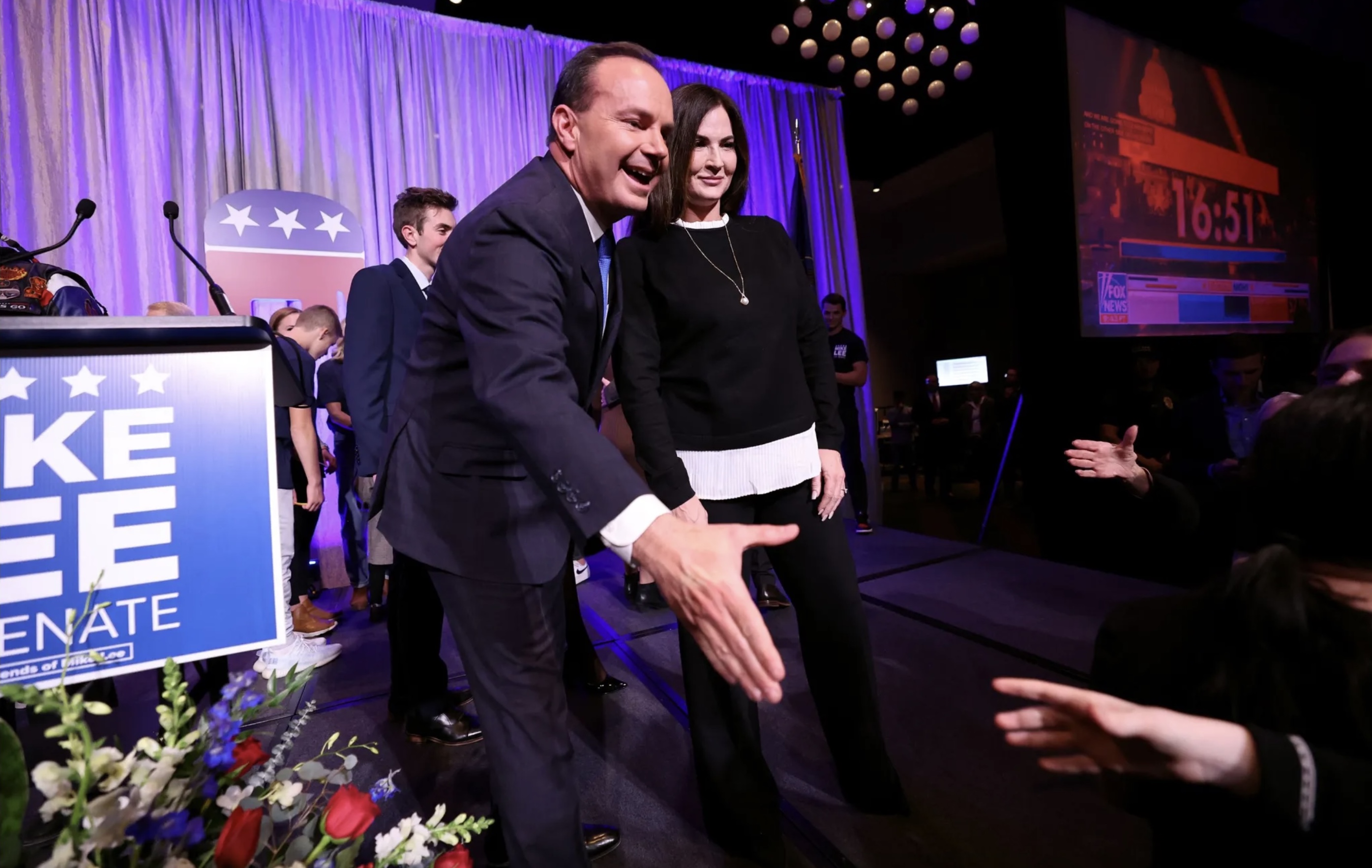 Sen. Mike Lee shakes. hands after speaking to supporters as Utah Republicans gather for an election party at the Hyatt Regency in Salt Lake City, on Tuesday.
