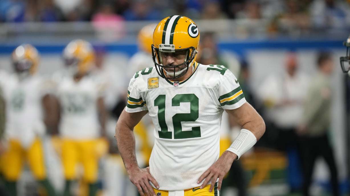 Green Bay Packers quarterback Aaron Rodgers walks to the sideline during the second half of an NFL football game against the Detroit Lions, Sunday, Nov. 6, 2022, in Detroit.