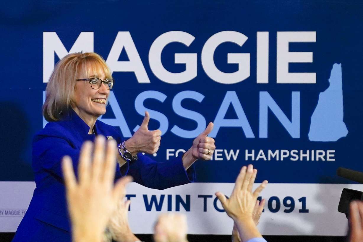 Sen. Maggie Hassan, D-N.H., gives two thumbs up to supporters during an election night campaign event Tuesday, in Manchester, N.H.