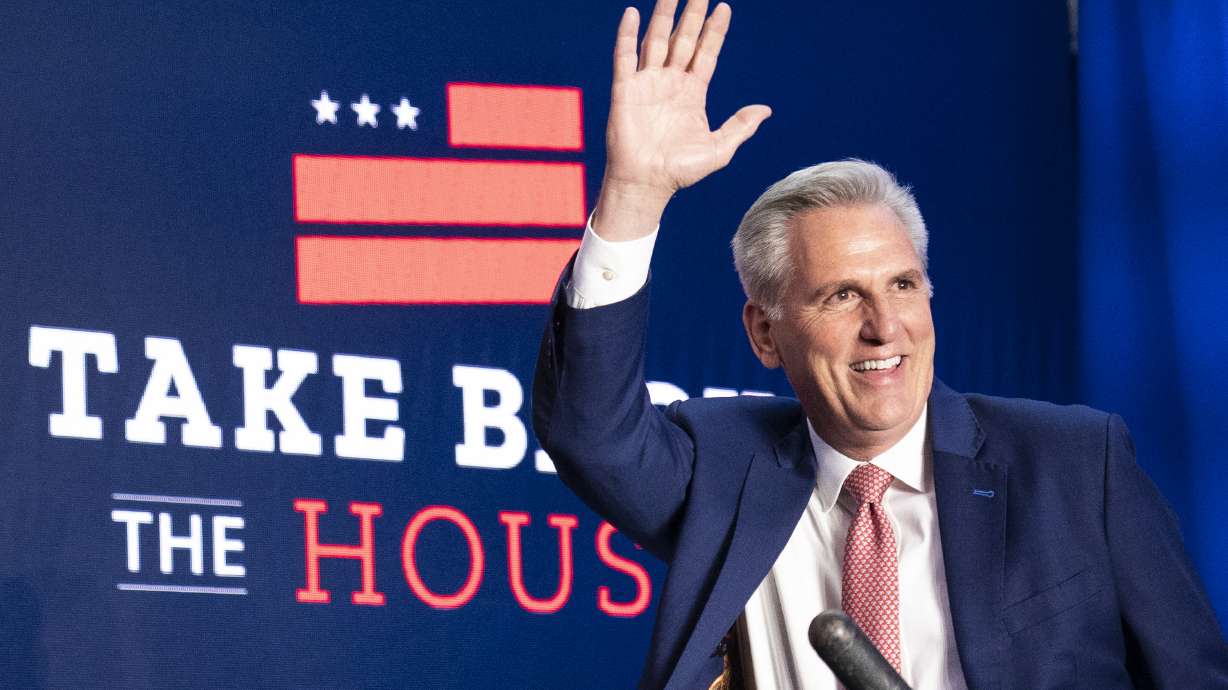 House Minority Leader Kevin McCarthy of Calif., arrives to speak at an event early Wednesday morning in Washington. Control of Congress still hangs in the balance.