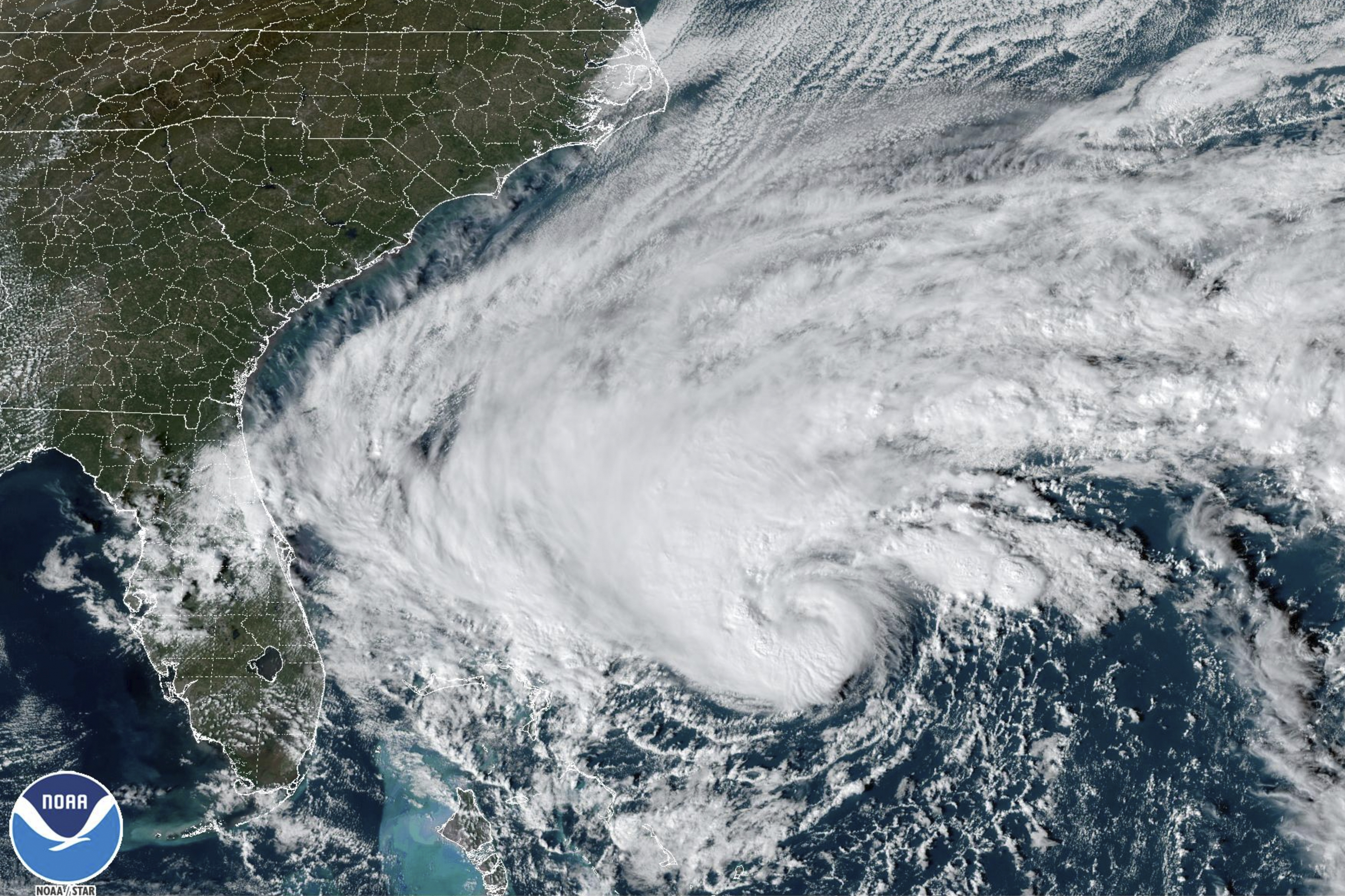 This GOES-East GoeColor satellite image taken at 2:36 p.m. EST and provided by NOAA shows Tropical Storm Nicole approaching toward the northwestern Bahamas and Florida’s Atlantic coastline on Tuesday, Nov. 8. 