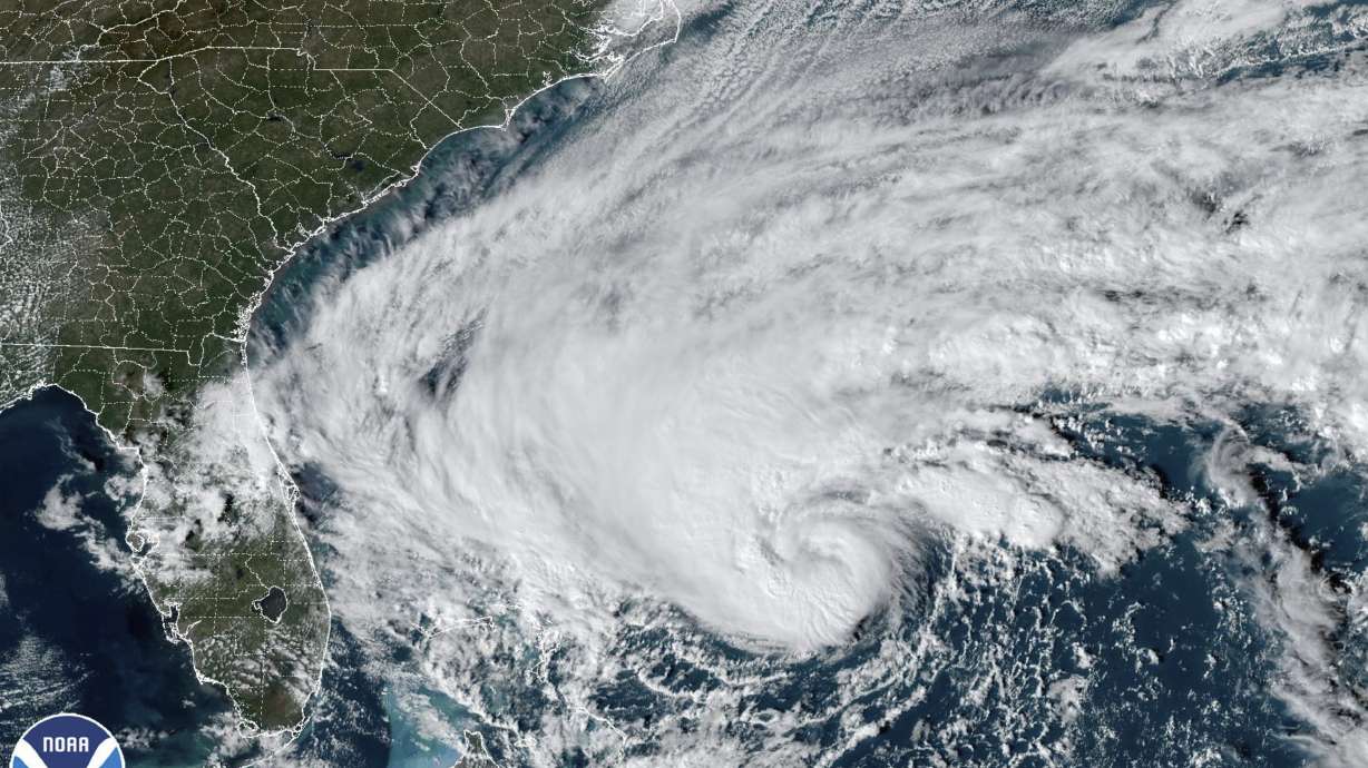 This GOES-East GoeColor satellite image taken at 2:36 p.m. EST and provided by NOAA shows Tropical Storm Nicole approaching toward the northwestern Bahamas and Florida’s Atlantic coastline on Tuesday, Nov. 8.