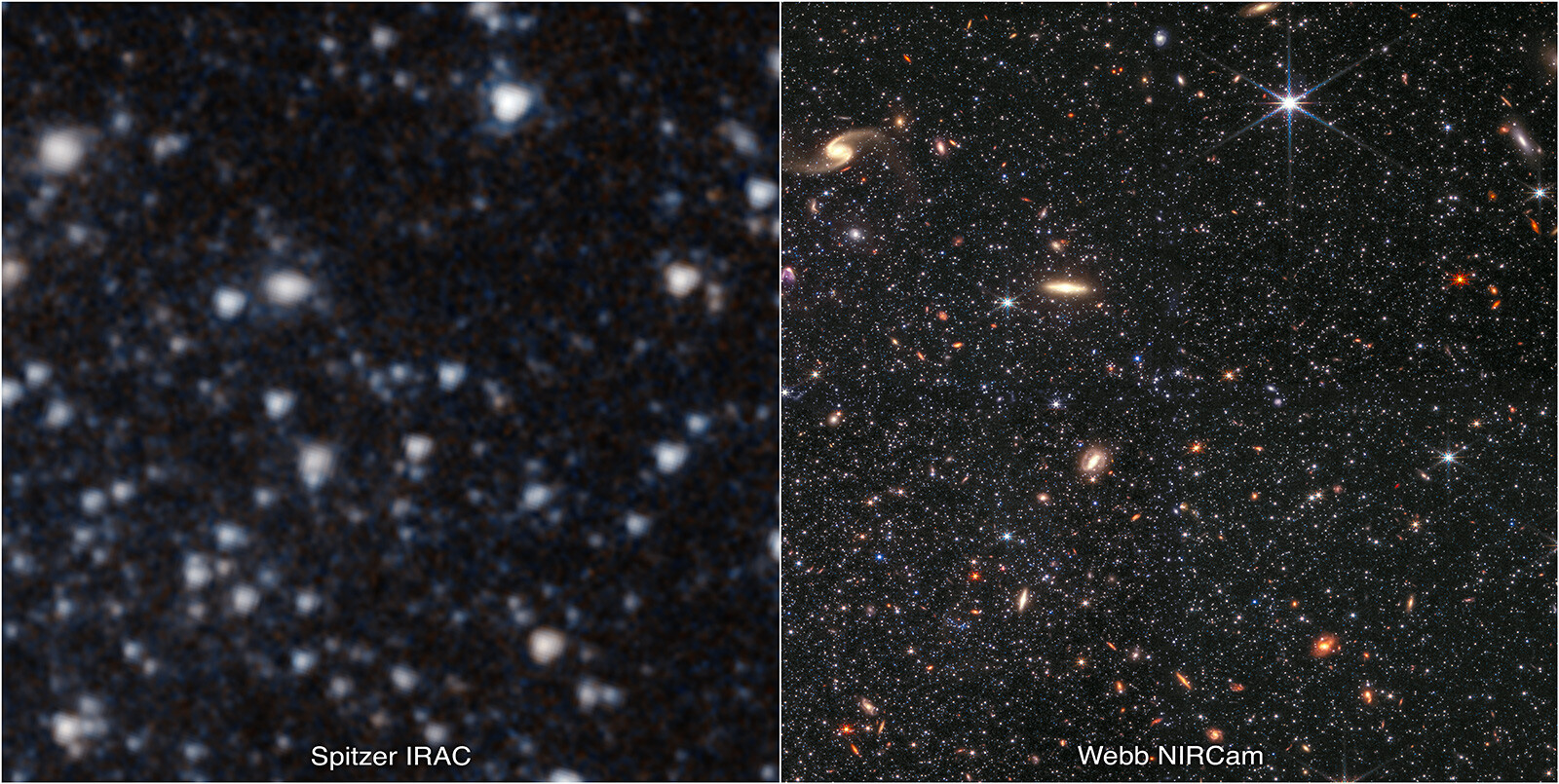 A portion of the dwarf galaxy Wolf-Lundmark-Melotte is shown, as captured by the Spitzer Space Telescope (left) and the James Webb Space Telescope.