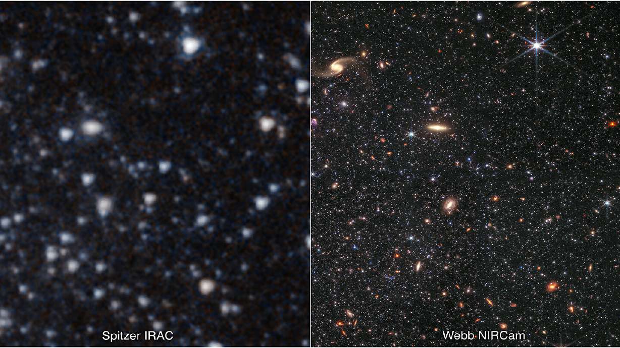 A portion of the dwarf galaxy Wolf-Lundmark-Melotte is shown, as captured by the Spitzer Space Telescope (left) and the James Webb Space Telescope.