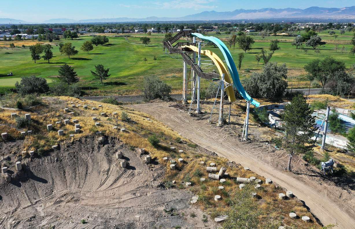 Demolition at the old Raging Waters and Seven Peaks water park site in Salt Lake City continues on Aug. 30, 2022. The space is be home to the forthcoming Glendale Regional Park.