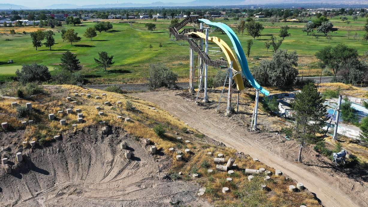 Demolition at the old Raging Waters and Seven Peaks water park site in Salt Lake City continues on Aug. 30. The space will be home to the Glendale Regional Park, which stands to receive $27 million from a bond on the Salt Lake City ballot.